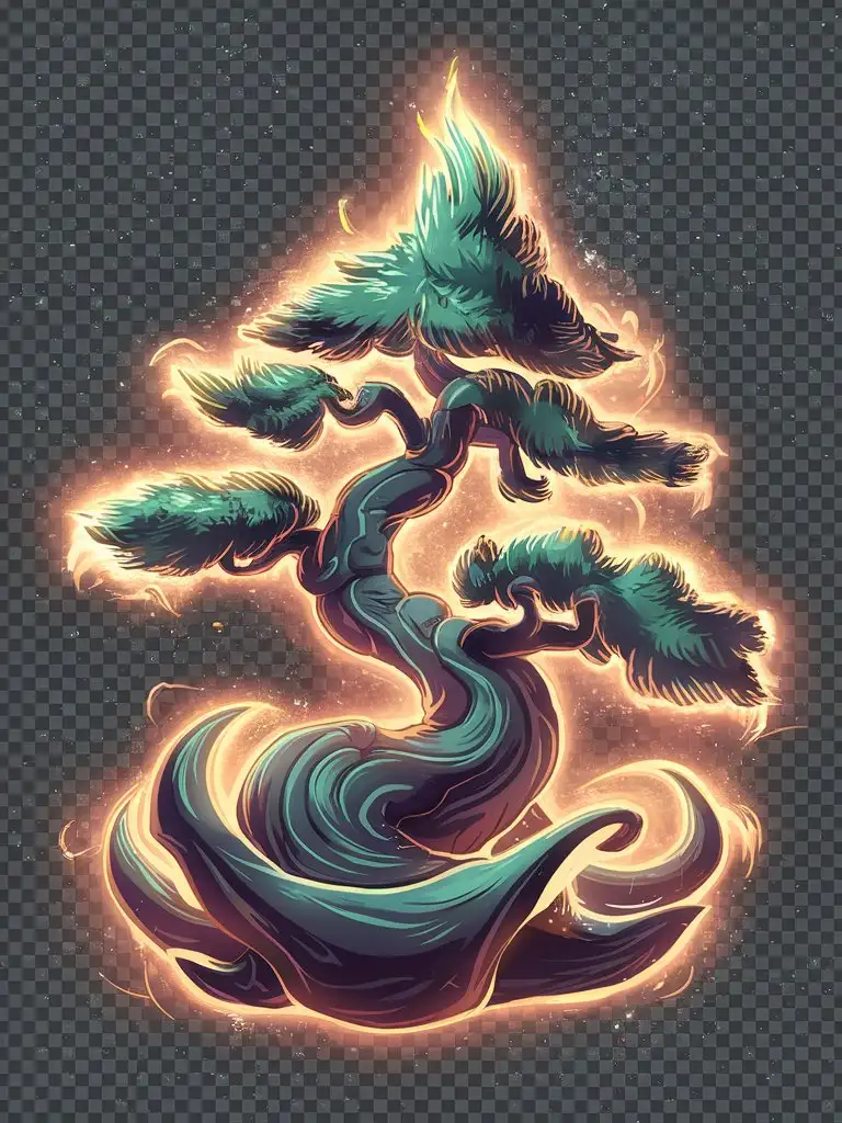 stylized swirling trunk fantasy bonsai pine tree with transparent backgrpund game asset
