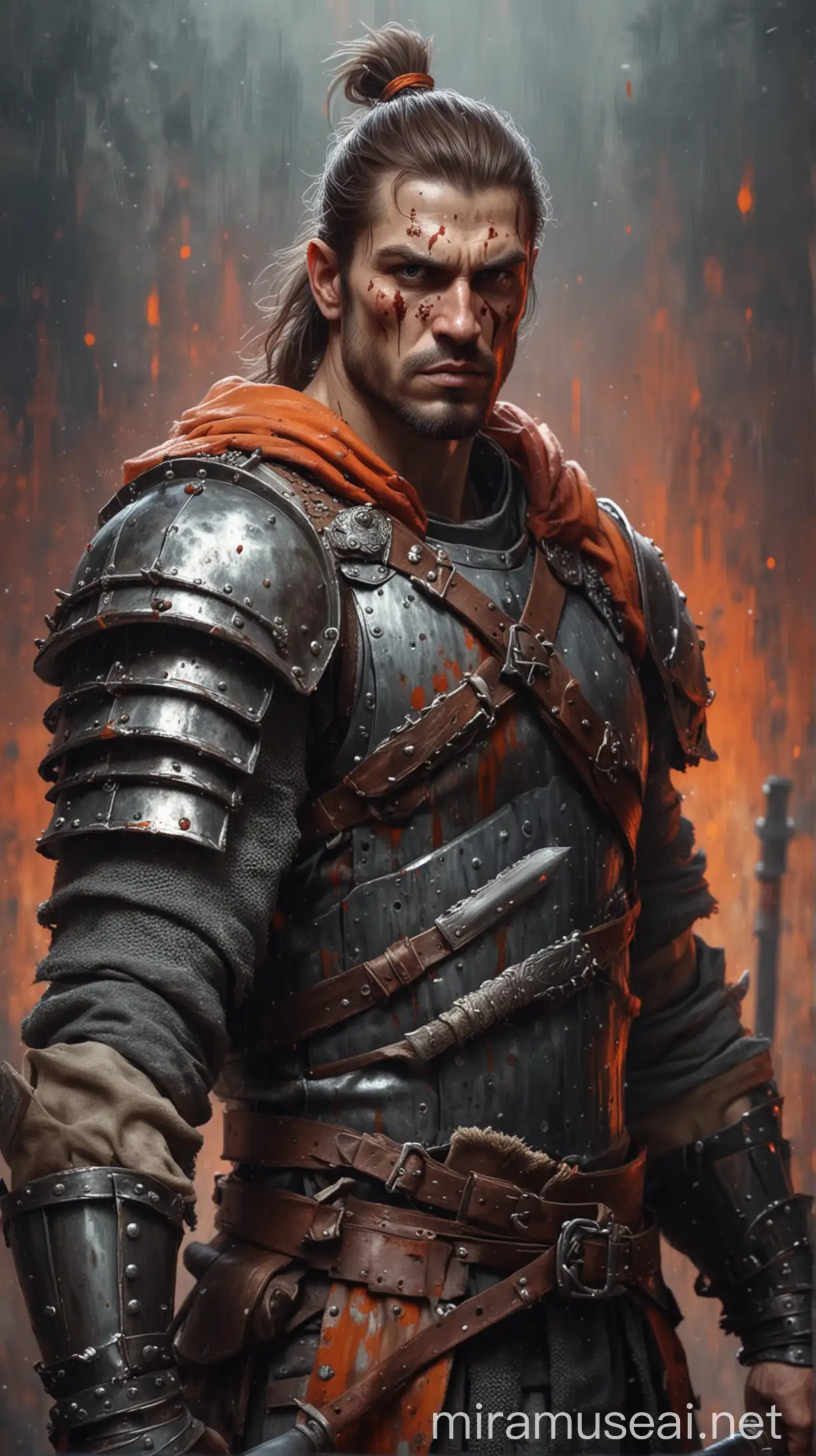 Fantasy Character muscular medieval warrior, seen from the front, in a medium frame shot, in cold tones, with a steel mallet resting on his shoulder, background of orange and red spots. oil painting style. 4k