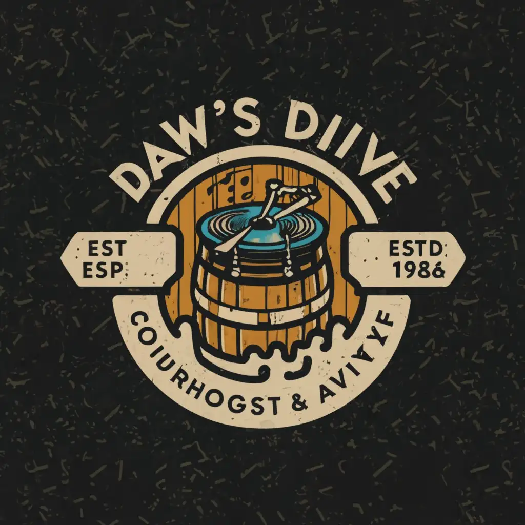 a logo design,with the text "Dawg's Dive: include the slogan 'Drop the Needle, Raise a Glass', main symbol:bourbon barrel with record player on top, with music notes, Moderate,be used in Bar industry,clear background"