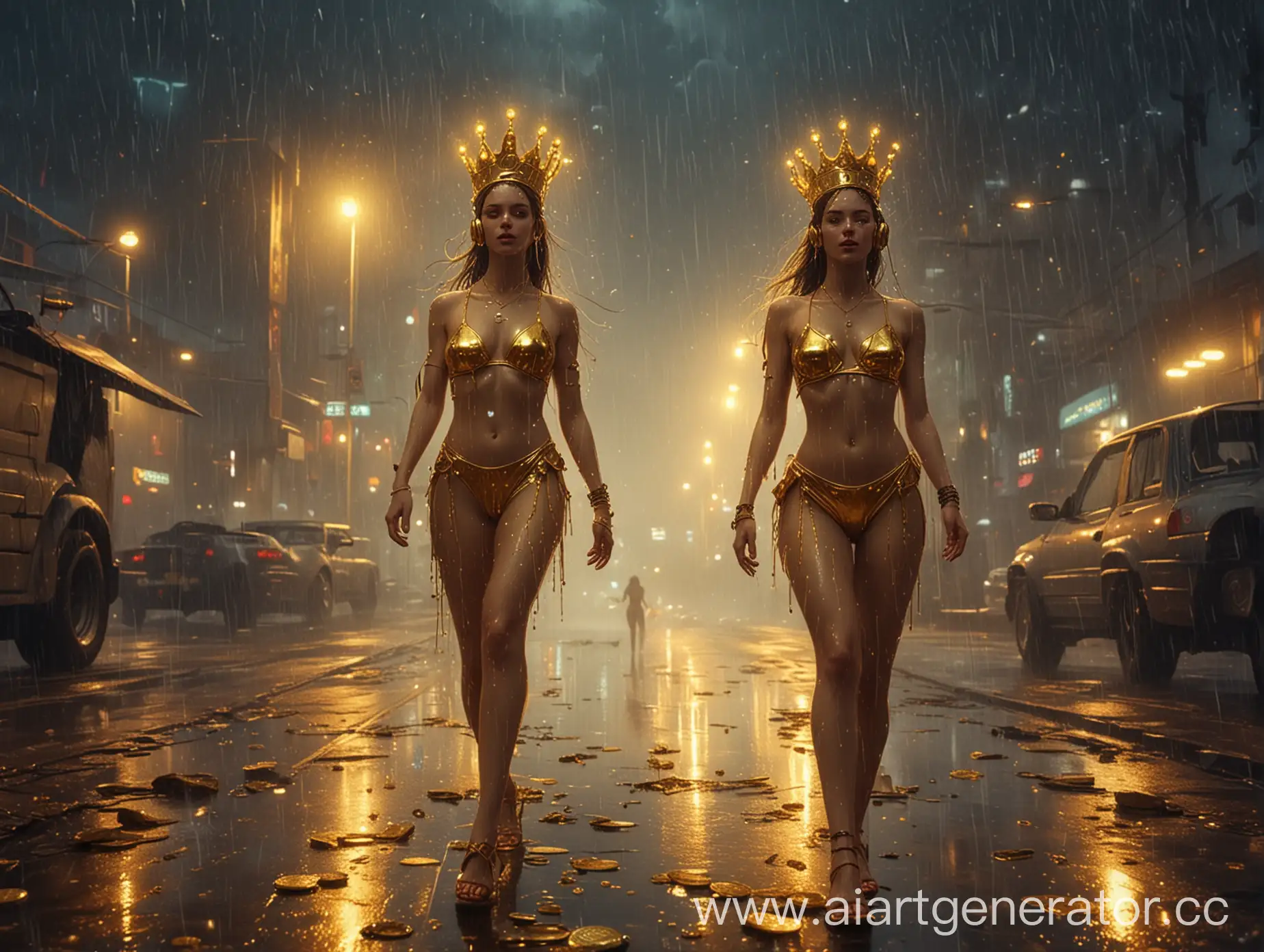 Golden-Cyberpunk-Night-City-Scene-with-Dancing-Girls-in-Headphones-and-Crowns