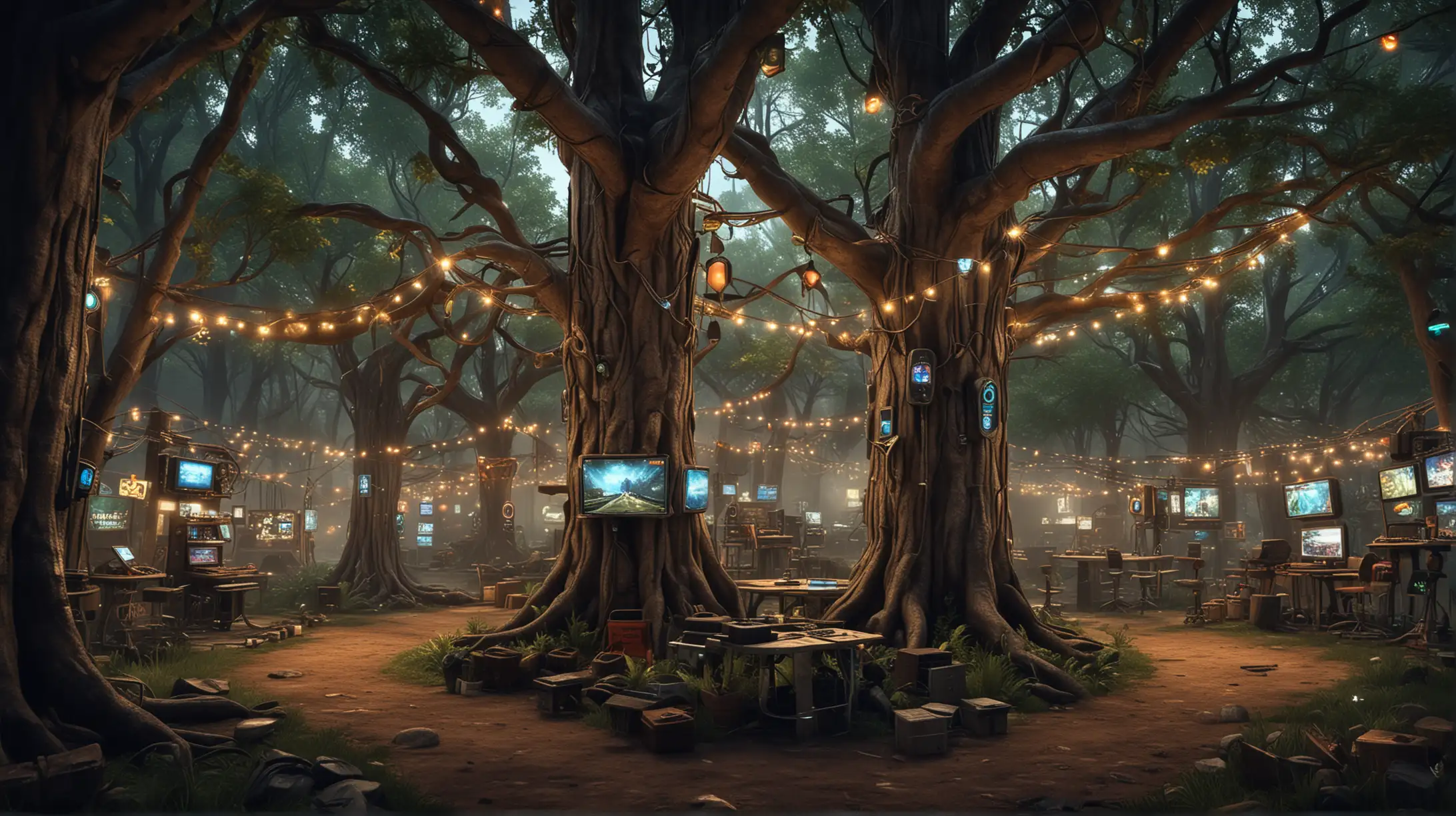 Cyber Gaming Haven TechThemed Gathering in a Treed Grove