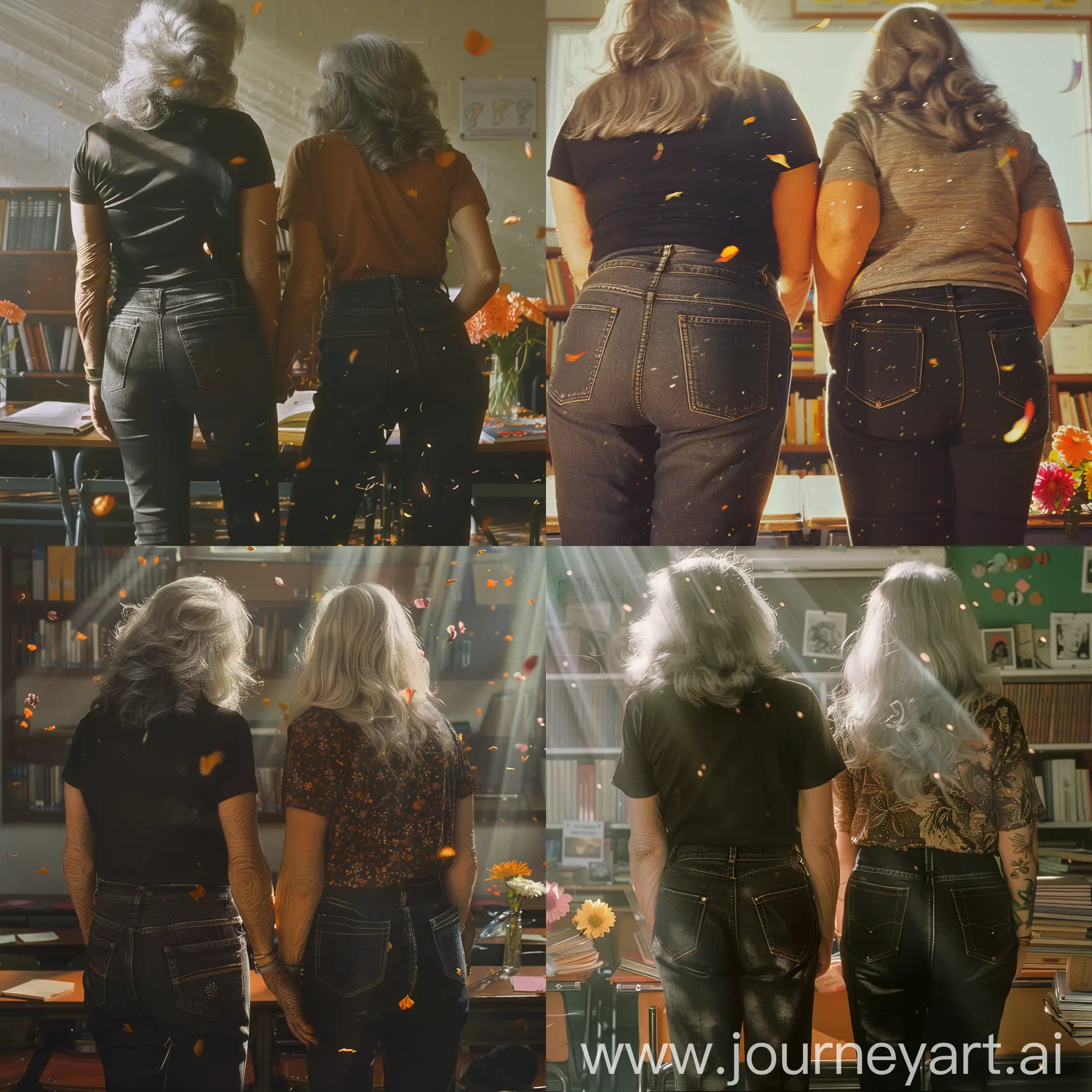 Retro shot from the 1970s, realism, high quality details. A real film shot. Close-up of two fat 50-year-old womens stand in classroom, rear view. Gray hair. The rays of the sun fall everywhere creating an interesting atmosphere, books and flowers. Black jeans and a T-shirt.