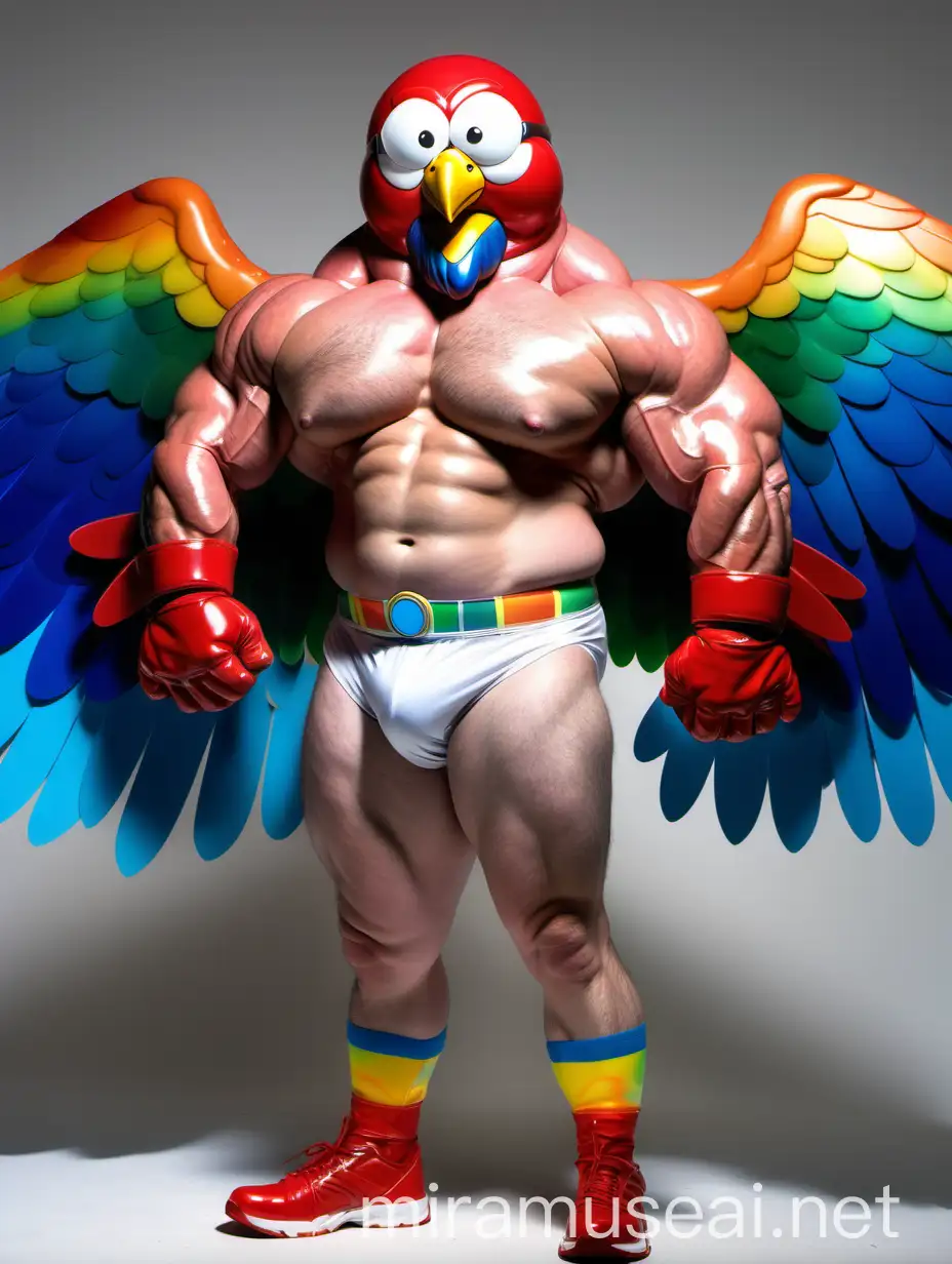 Smiling Topless 40s Bodybuilder with Rainbow Eagle Wings Flexing