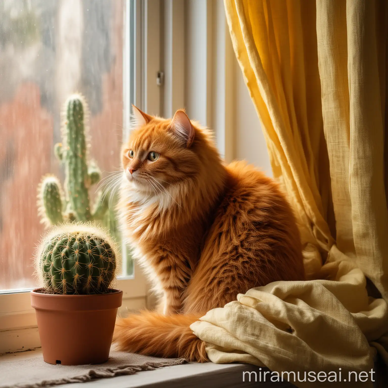 пушистый рыжий кот сидит рядом с кактусом на подоконнике у окна. Занавески насыщенного желтого цвета