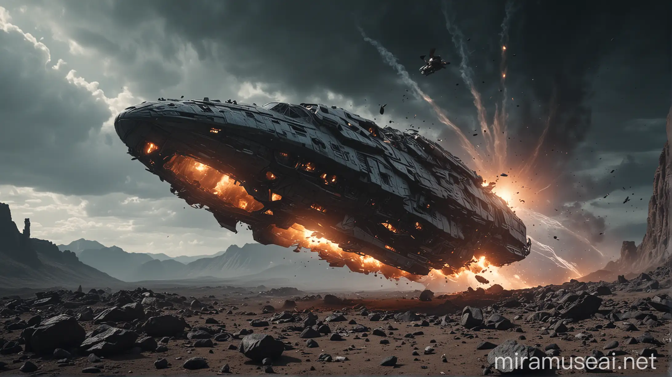 A cinemactic  image of a sci-fi spaceship ufo crash