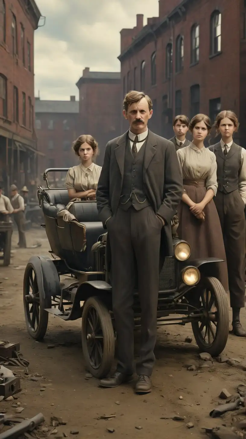 Cinematic and dramatic, 3d portrait.  
Era: 1896

Scene Background : Henry Fords Factory
Photo Prompt:  Beyond the Model T lies a family story brimming with intrigue. We'll unearth a rebellious wife, a son with a stifled vision, and a surprising leader who saved the Ford dynasty. 