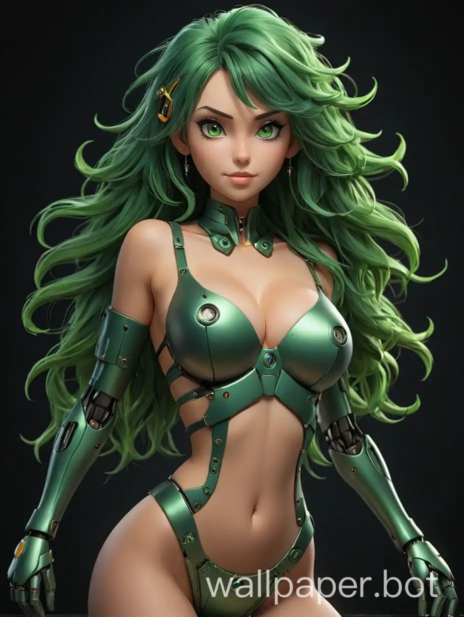 naked robot girl, big boobs tits nipples, green hair, looks sexy, black background, naked, full-length