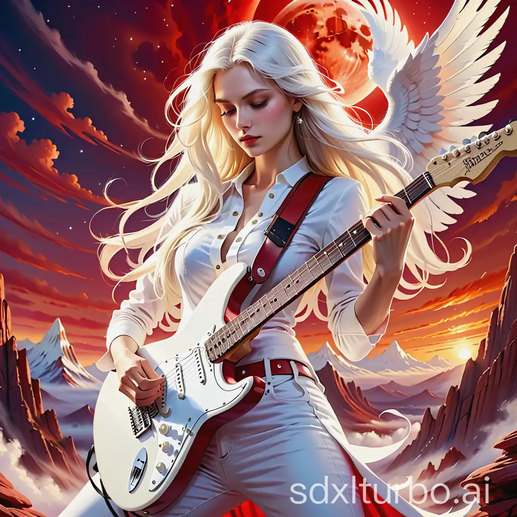 A very detailed, sharp, gorgeous, white long-haired angel playing a red Stratocaster electric guitar in a heavenly scenery
