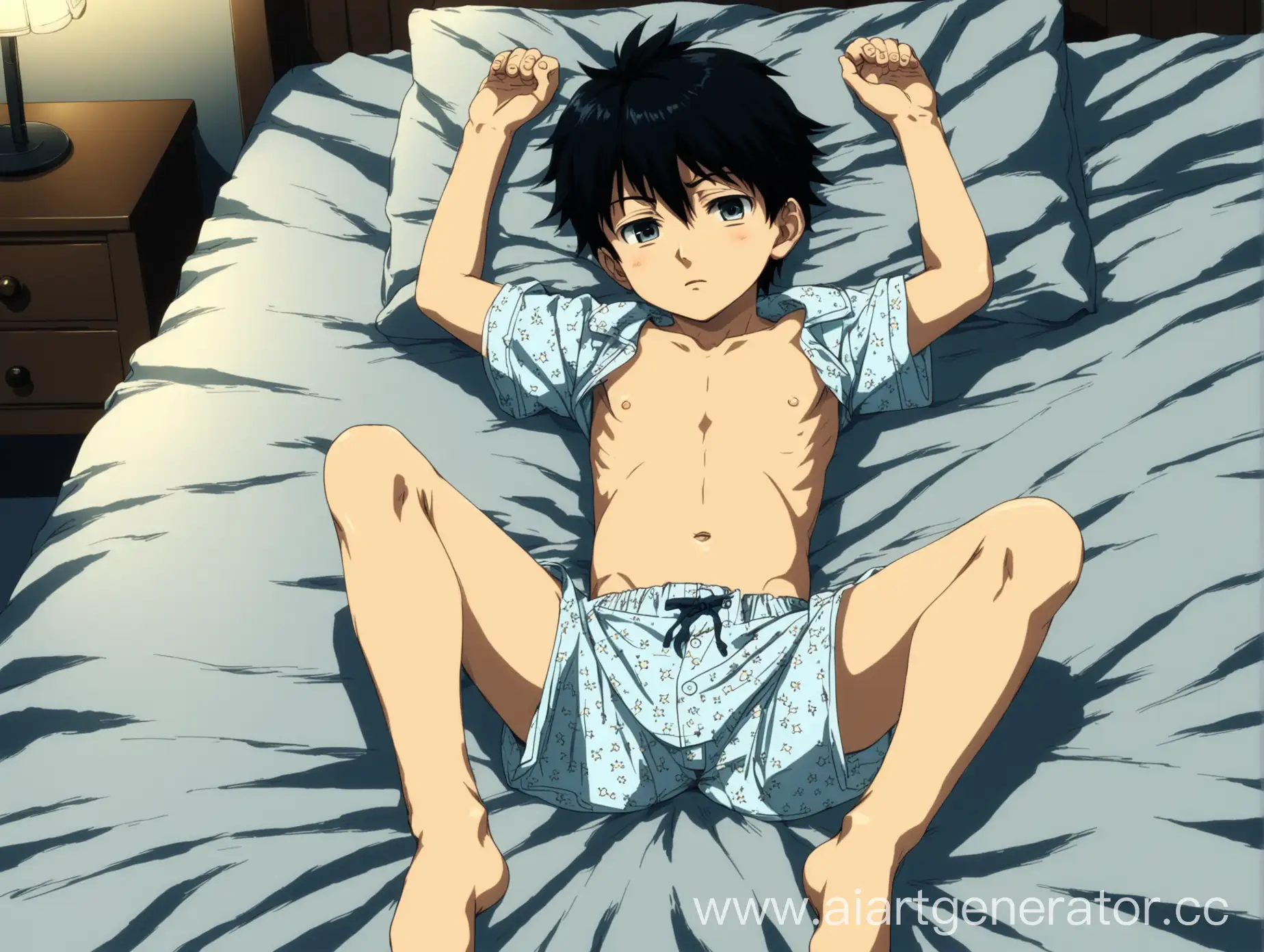 A little boy lies on the bed in a pajama shirt and boxers with his legs spread. Anime style.