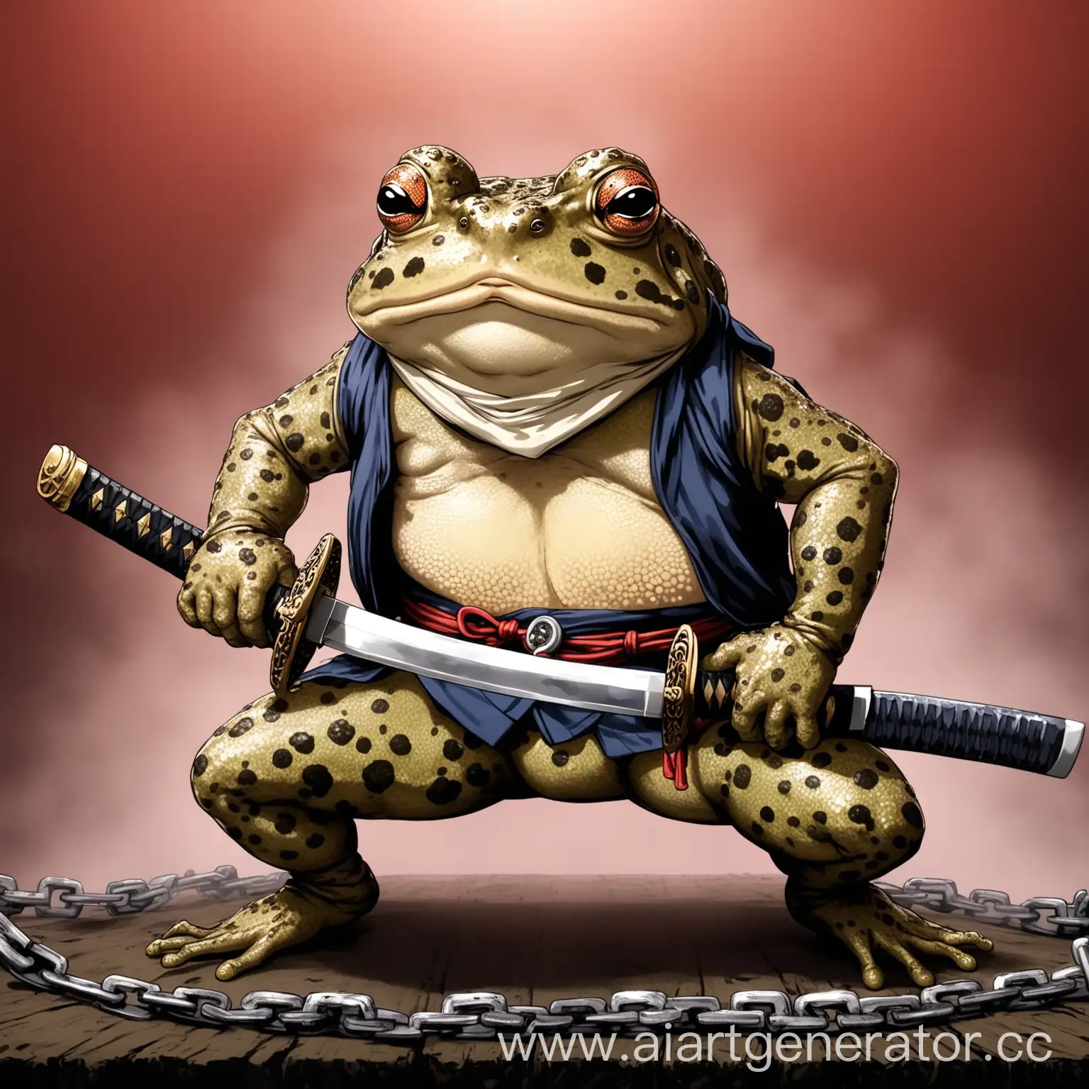Japanese-style toad with a katana in his mouth breaks chains