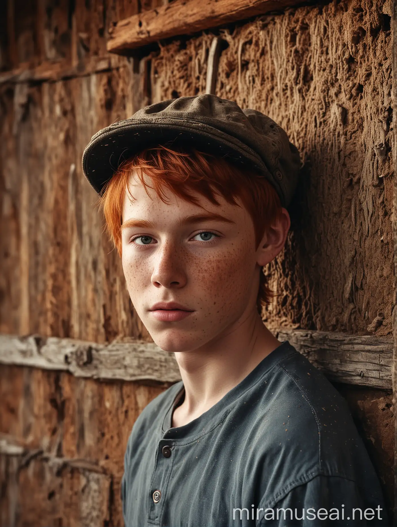 Portrait of a Freckled RedHaired Boy in Front of an Old Barn