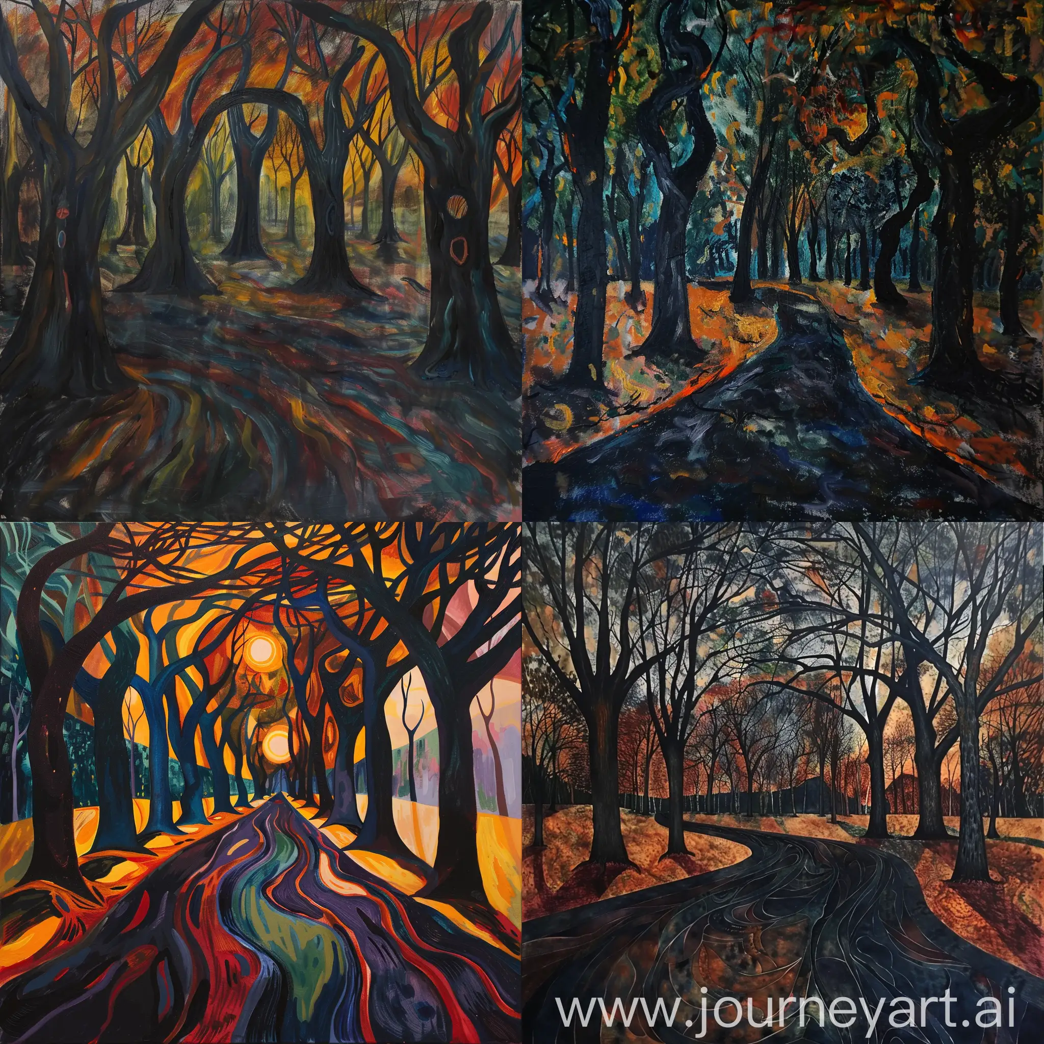 Create a hypothetical Edvard Munch style-Autumn - park with dark colors in the style of surrealism and many trees and with many perspectives in the style of Scream painting-so dangerous