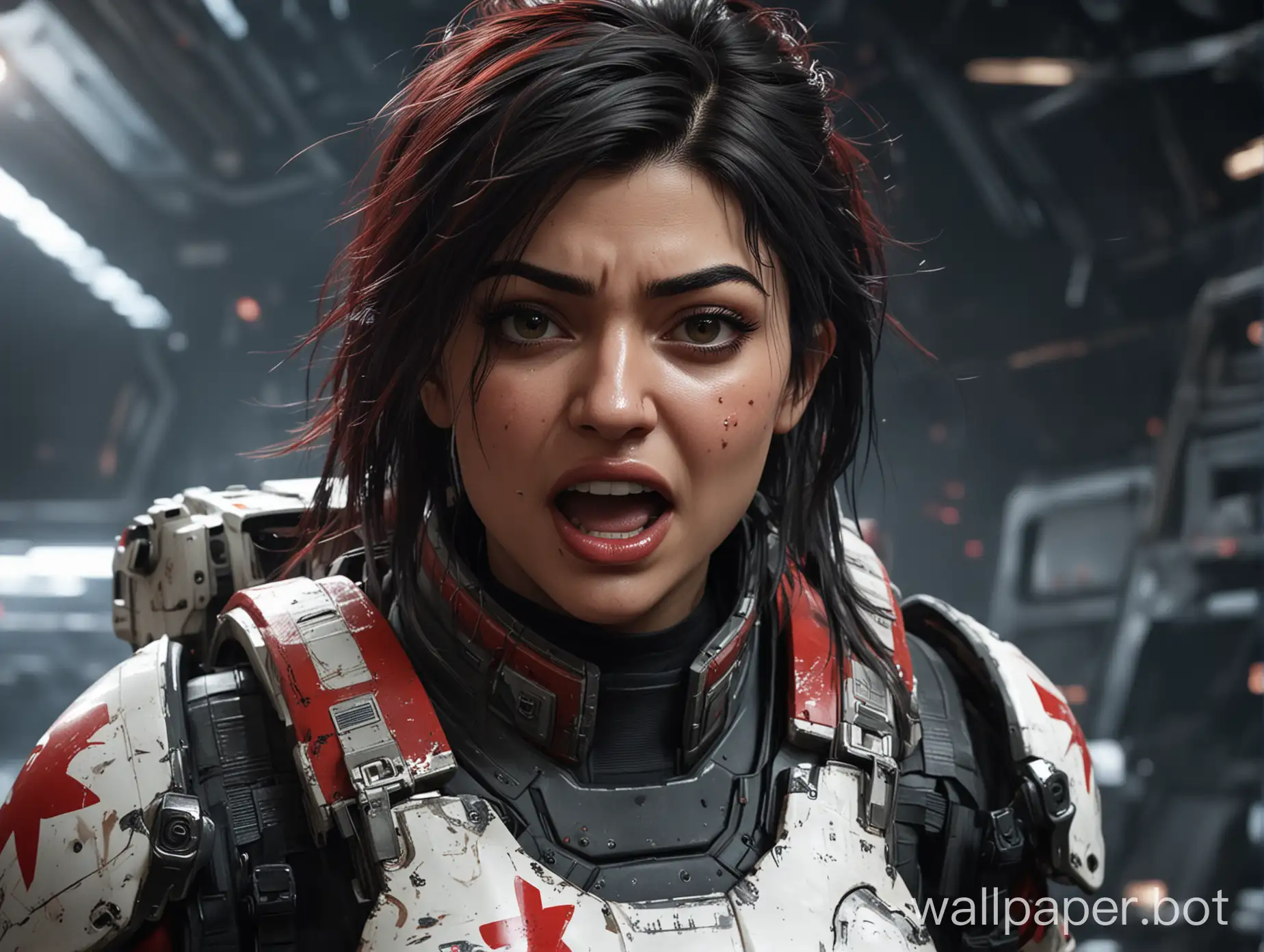 Star Citizen, yelling woman with kylie Jenner face, action scene, battle, perspire, feeling pain, tears, open mouth anger yell, extreme close-up headshot, space background, emergancy, hearty expression, curvy female bodyshape, black open messy hair, Medic, red cross, first aid, shiny cyber armor with the 2 colors white and red , curvy female bodyshape, sci-fi,