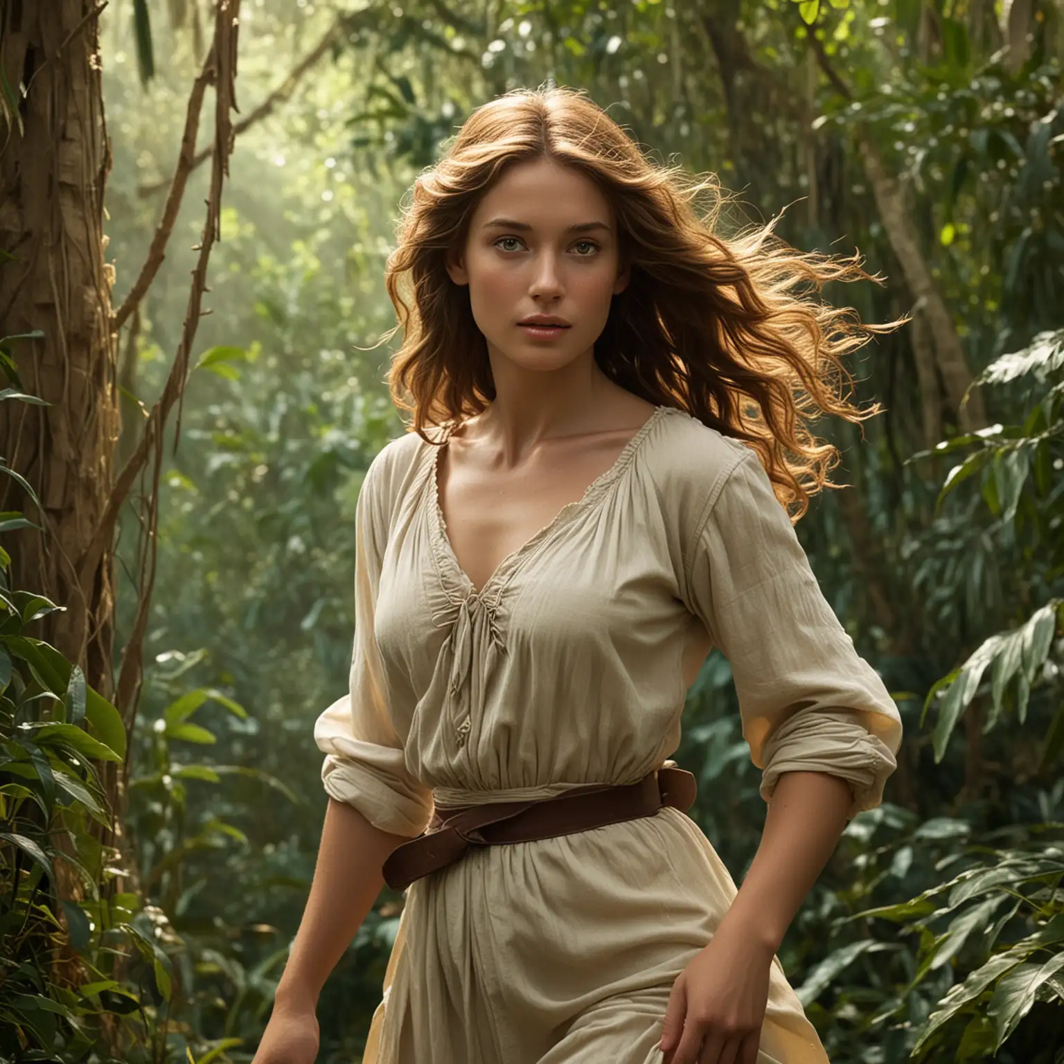 Jane, Tarzan's beloved companion and love interest, is often depicted as a woman of grace, intelligence, and compassion, contrasting with Tarzan's primal nature. Her appearance exudes a sense of refinement and gentility, reflecting her upbringing in a world far removed from the untamed jungles that Tarzan calls home.

Jane's face is typically portrayed as soft and delicate, with features that convey both innocence and curiosity. Her eyes are often depicted as bright and expressive, reflecting her keen intellect and adventurous spirit. Her complexion is fair and flawless, radiating a gentle glow that enhances her natural beauty.

Her hair, usually styled in a modest yet elegant manner, frames her face in waves of chestnut or golden locks, adding to her timeless charm. Jane's attire reflects her status as a woman of privilege, often consisting of tailored dresses or blouses paired with skirts, reflecting the fashion of the era in which she lives. Despite the practicalities of jungle life, Jane's clothing retains an air of sophistication, with delicate fabrics and feminine details that speak to her refined sensibilities.

Overall, Jane's physical appearance embodies a blend of beauty, grace, and strength, making her a fitting counterpart to Tarzan's rugged masculinity and a captivating figure in her own right.