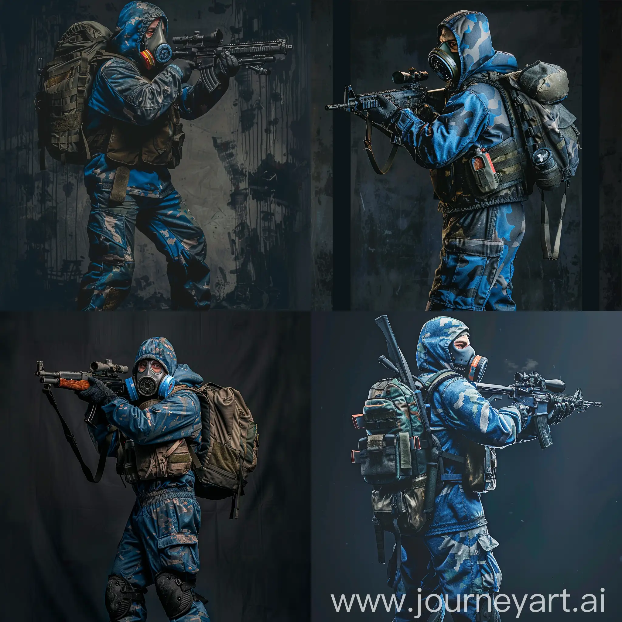 Soldier-in-Blue-Camouflage-Jumpsuit-with-Gas-Mask-and-Sniper-Rifle