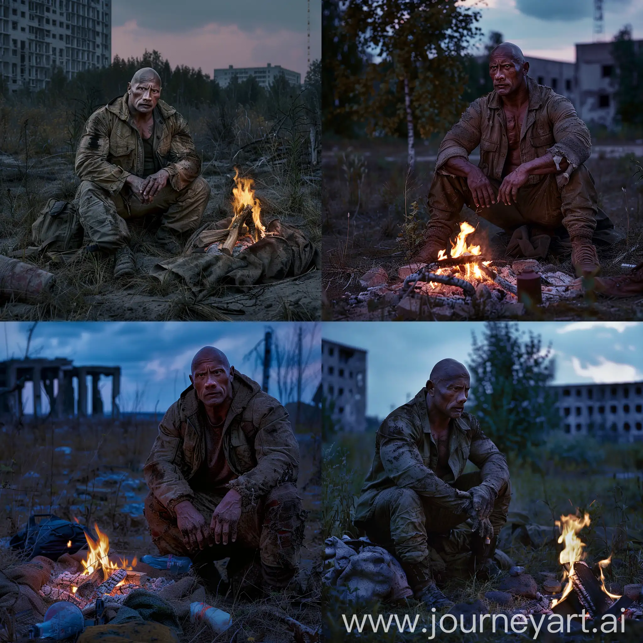 Image of Dwayne Johnson sitting next to campfire in Pripyat background, stalker outfit, dirty clothes, twilight, dark tones, cinematic 