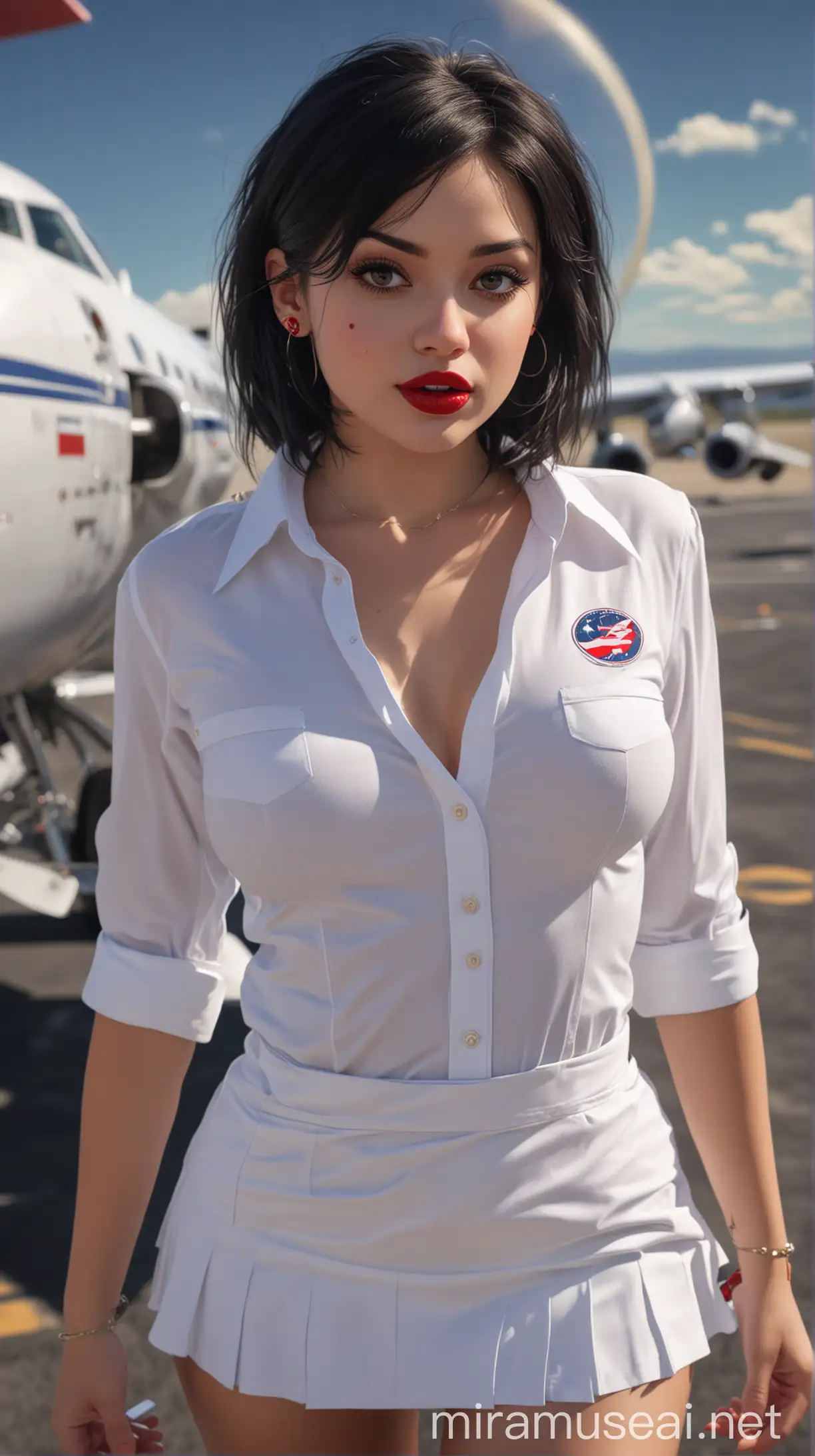 4k Ai art front view beautiful USA girl black hair red lipstick nose ring ear tops white shirt and mini skirt and big round tits in usa airplane runway