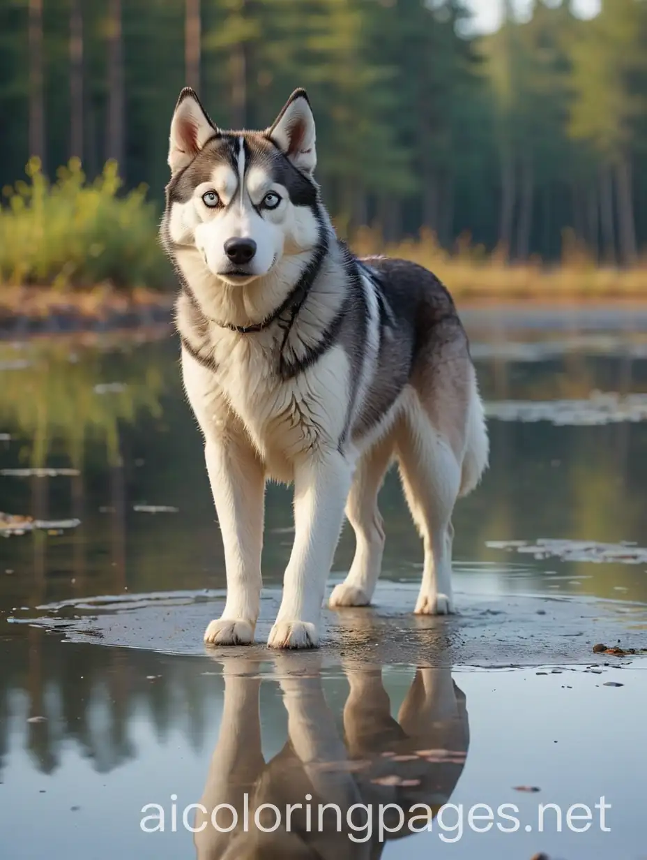 A Siberian Husky walks on the smooth surface of a shallow lake, creating a mirror-like reflection of itself.   The background features a serene, misty treeline and calm blue sky., Coloring Page, black and white, line art, white background, Simplicity, Ample White Space