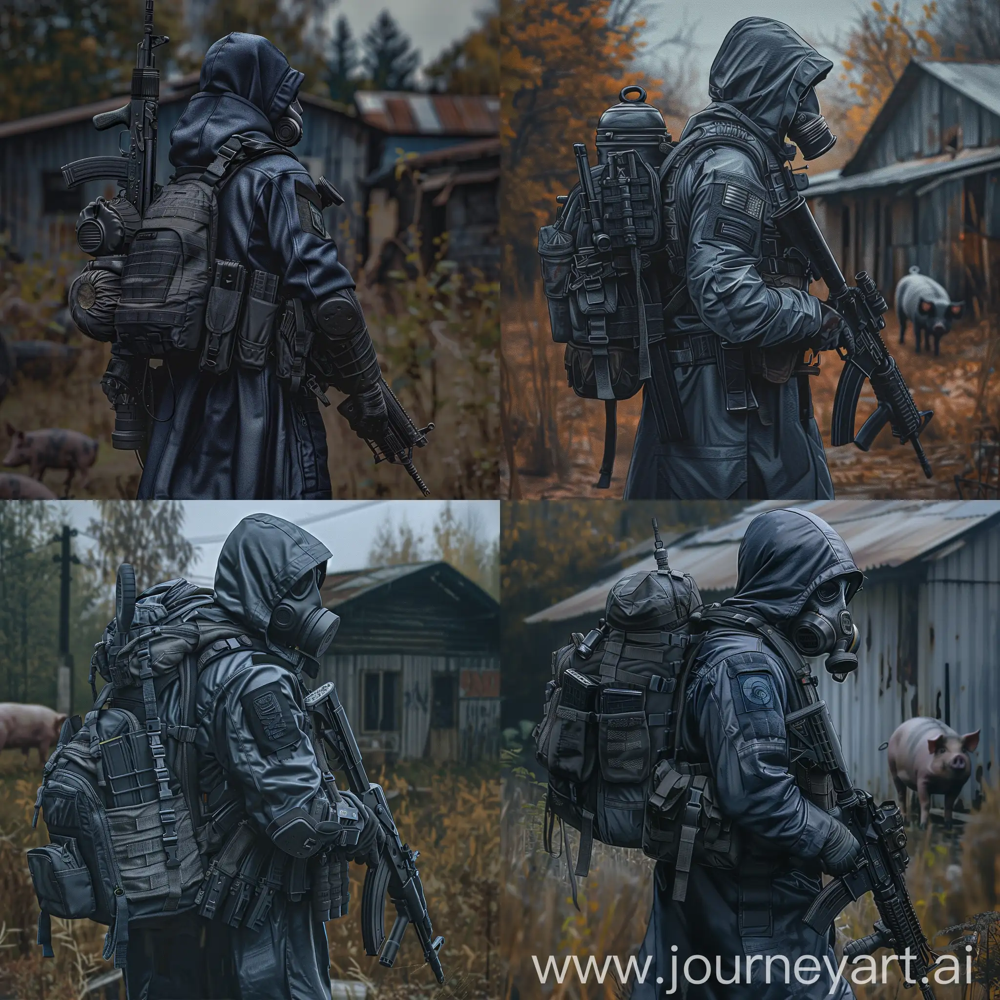 Digital art a mercenary from the universe of S.T.A.L.K.E.R., dressed in a dark blue military raincoat, gray military armor on his body, a gasmask on his face, a military backpack on his back, a rifle in his hands, he walk in abandoned soviet pig farm, gloomy autumn, evening.
