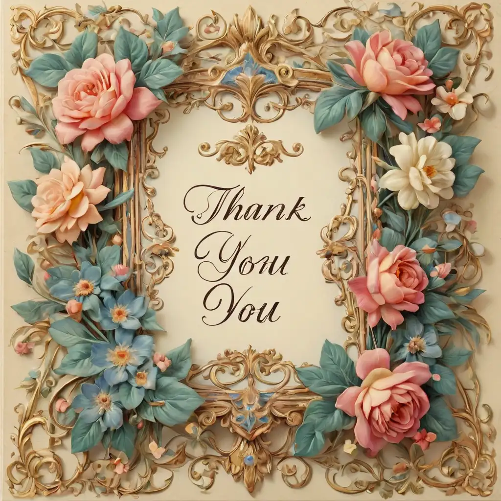 A replica thank you card from the Victorian era. In the center of the card is an ornate book with beautiful floral drawings on the cover. At the top of the card, write the decorative inscription "Thank You" in an elegant, decorative magazine. The whole card is surrounded by beautiful flowers from the Victorian era beautiful in delicate colors. The design should fill the entire page, creating a stunning replica of a thank you card from the Victorian era.