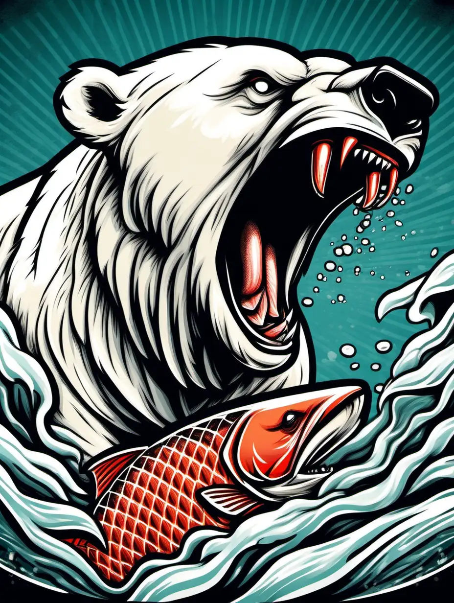 Furious Polar Bear Feasting on Salmon Retro Illustrated Cartoon Design
