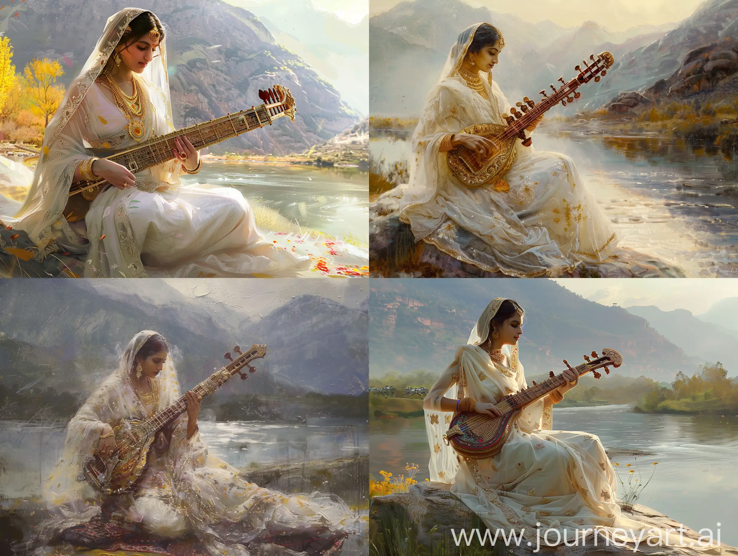 Impressionist image of a lady dressed in white sari and beautiful gold ornaments playing sitar, saffron midst of early morning, riverside, mountains in background, breathtaking surreal visualization