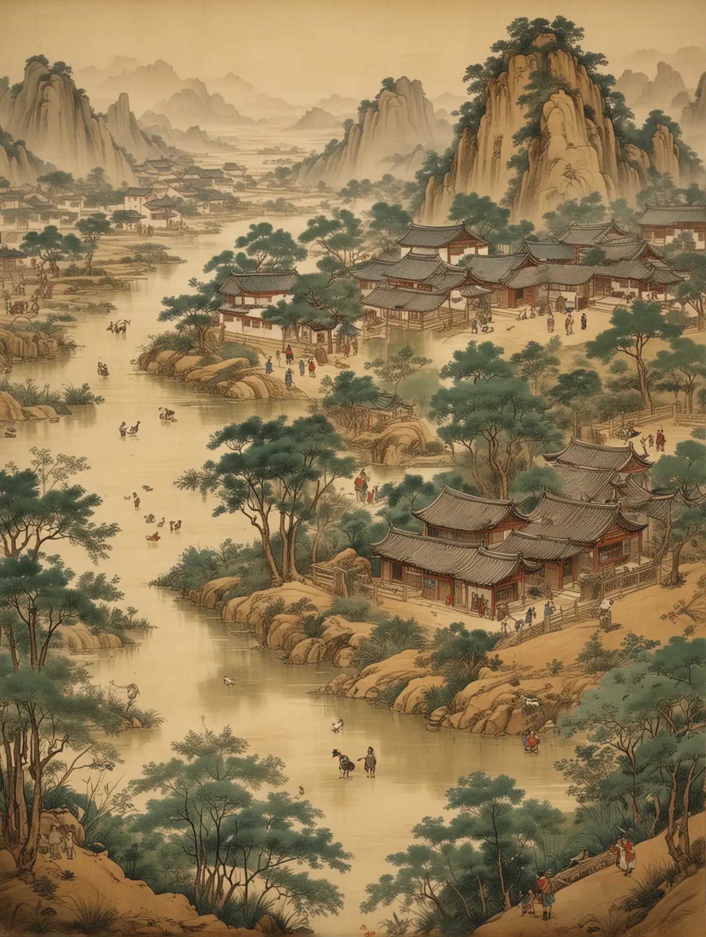 Meticulous Brushwork Depicts Song Dynasty Pastoral Landscape with Farmland and Cottages