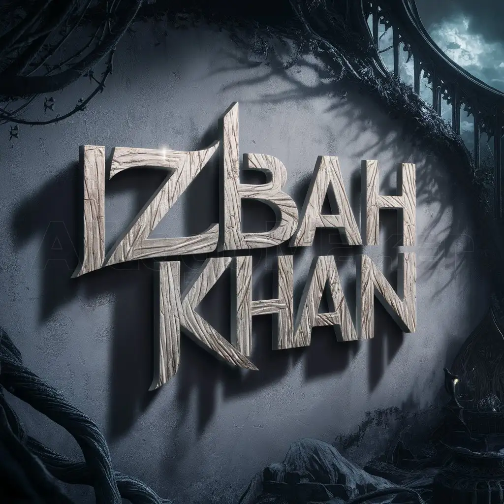 a logo design,with the text "Izbah Khan", main symbol:clean sign logo,  3d render, just like 3d spray paint on a wall, elegant, realistic proportions, highly detailed, dark fantasy, photo, cinematic, transparent background, HQ, concept art, ray tracing, smooth, sharp focus, cinematic lighting, illustration, intricate background, Epic Cinematic Text Effect, creative logo design art, ,Moderate,be used in Others industry,clear background