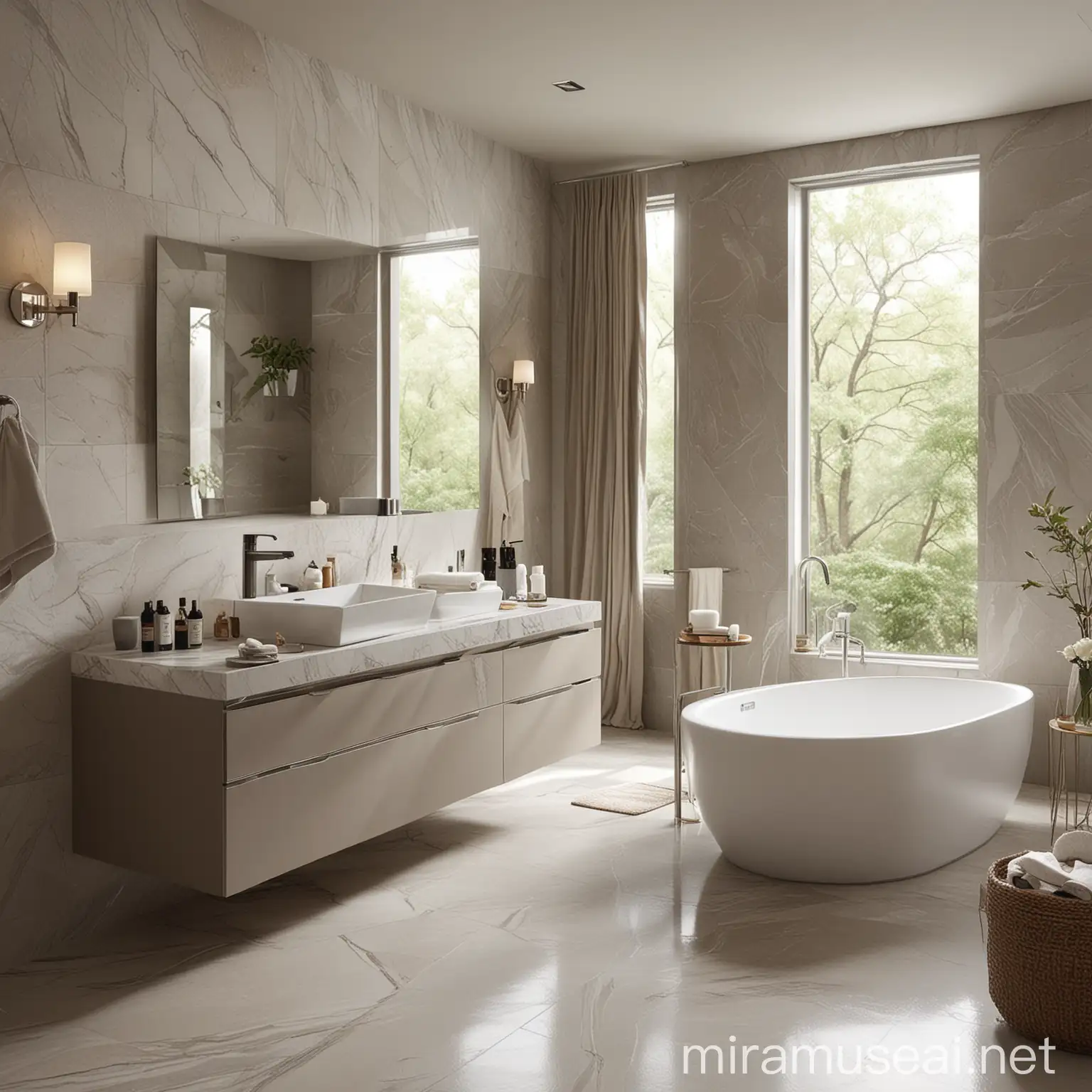 Luxurious SpaInspired Bathroom with Freestanding Marble Bathtub
