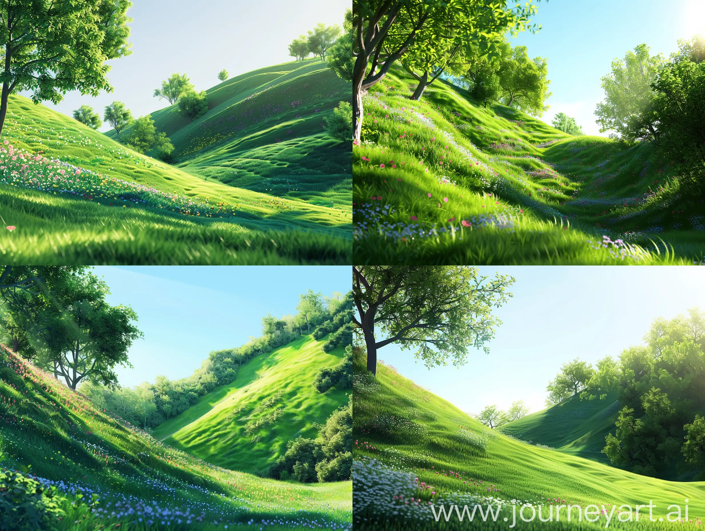 16:9, 3D cute style. The image depicts a serene summer landscape. In the foreground, a lush green hill dominates the left side of the frame, its slopes covered in verdant grass and dotted with colorful wildflowers. The hillside gently rolls down, creating a sense of depth and tranquility. The sunlight filters through the trees on the hill, casting dappled shadows on the ground below. In the distance, a clear blue sky stretches out, hinting at the promise of a warm, sunny day. A feeling of peace and relaxation permeates the scene, inviting viewers to immerse themselves in the beauty of nature.