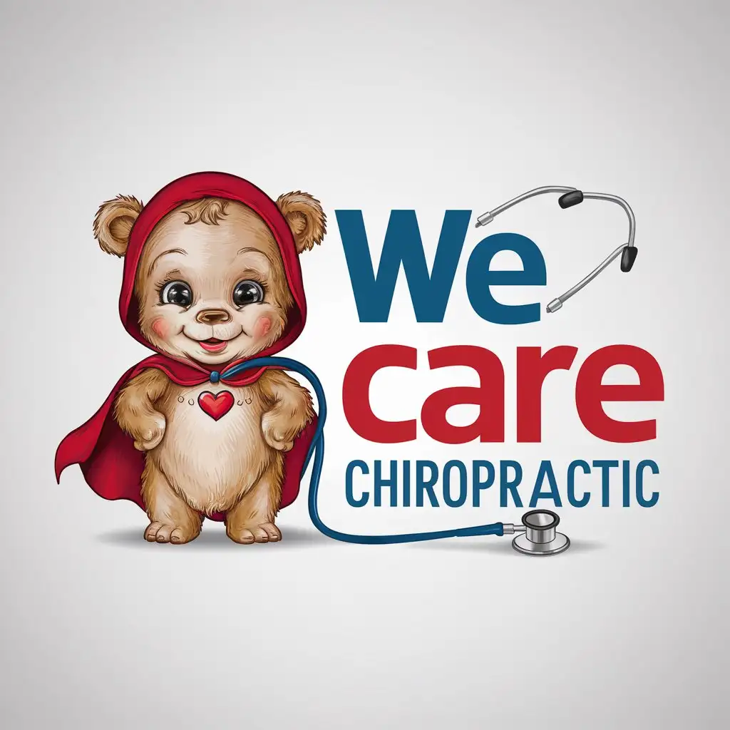 a logo design,with the text "we care'’’’chiropractic", main symbol:this logo should includes funny baby bear with a hart and health care theme . preferred color red and blue. muste be white paper background,Moderate,clear background