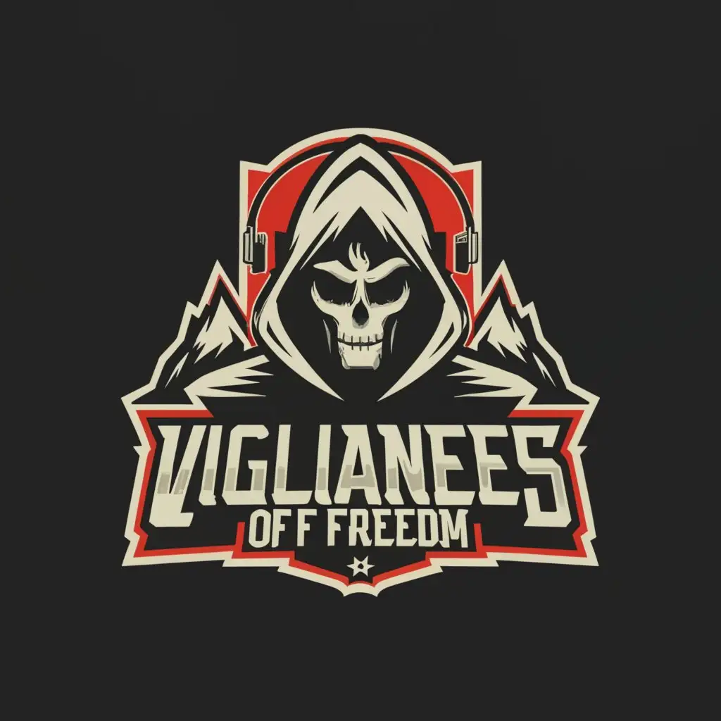 a logo design,with the text "vigilantes of freedom", main symbol:Mountain grim reaper headphones,Moderate,be used in Events industry,clear background