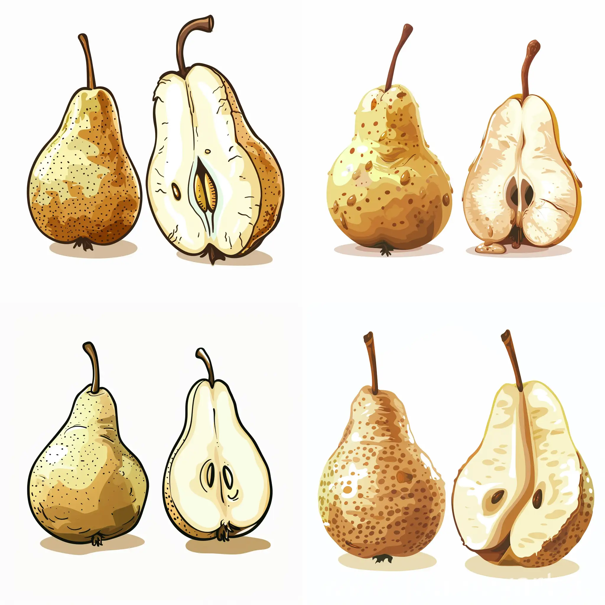 cartoon style, vector style, Two cartoon pears on a white background. The pear on the left is whole. The pear on the right is eaten down to the core.