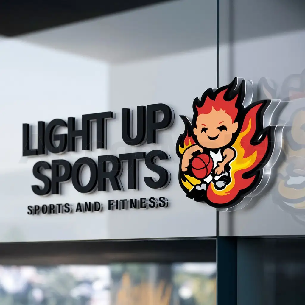 a logo design,with the text "Light up sports", main symbol:fire/basketball/cartoon avatar,Moderate,be used in Sports Fitness industry,clear background