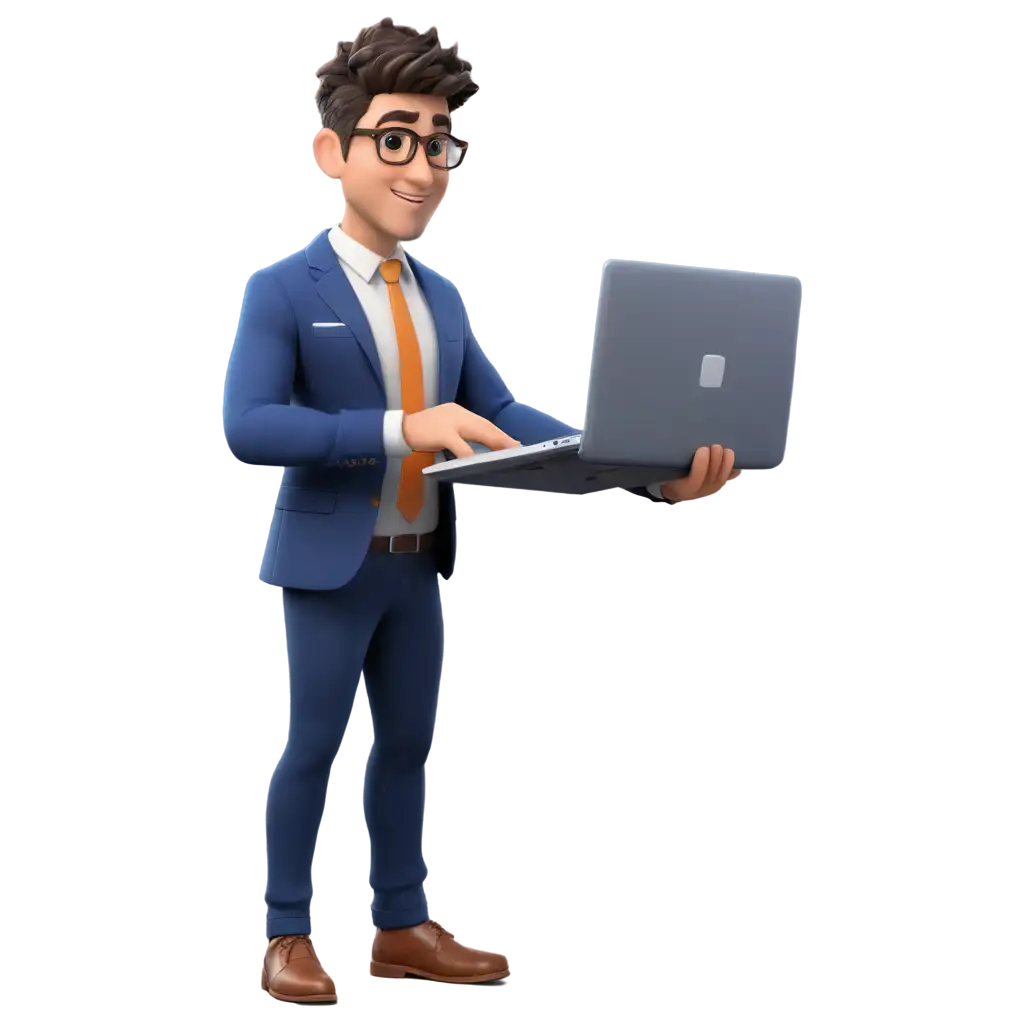 3D PROFESSIONAL MAN STANDING HOLDING A LAPTOP IN HIS HANDS THINKING ABOUT SOMETHING
