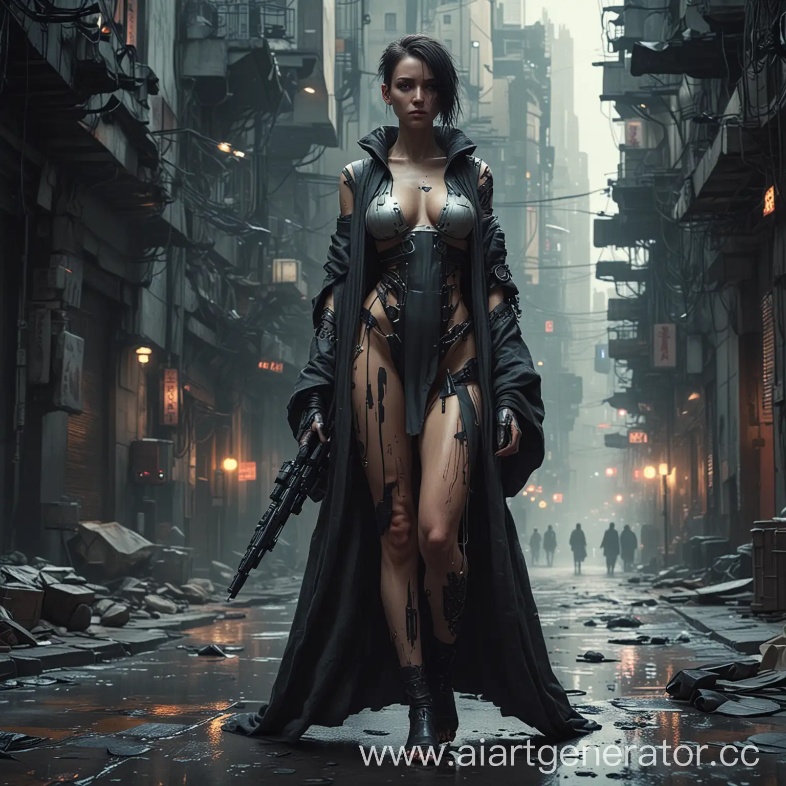 Cyberpunk-Girl-Cyborg-in-Torn-Monastic-Robe-on-Futuristic-Megapolis-Streets