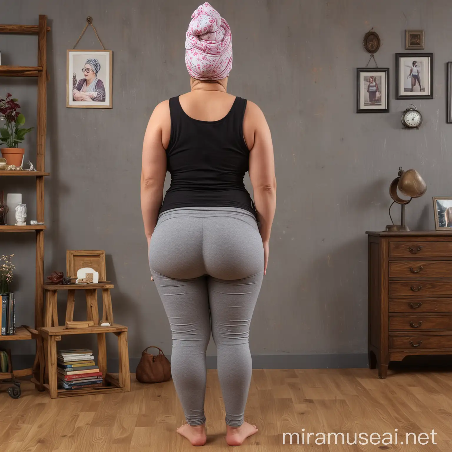 old granny, headscarf, glasses, Full-figured, yoga pants, (((tight badonkadonk))), dynamic pose, shop, establishing shot, back view, high definition, best quality, masterpiece, 8k