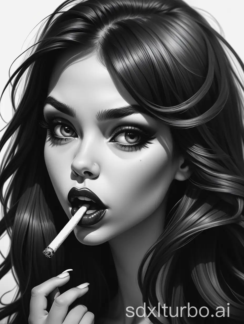 Girl face, long hairs, black & white, caricature style, detailed, big lips, cigarette in mouth