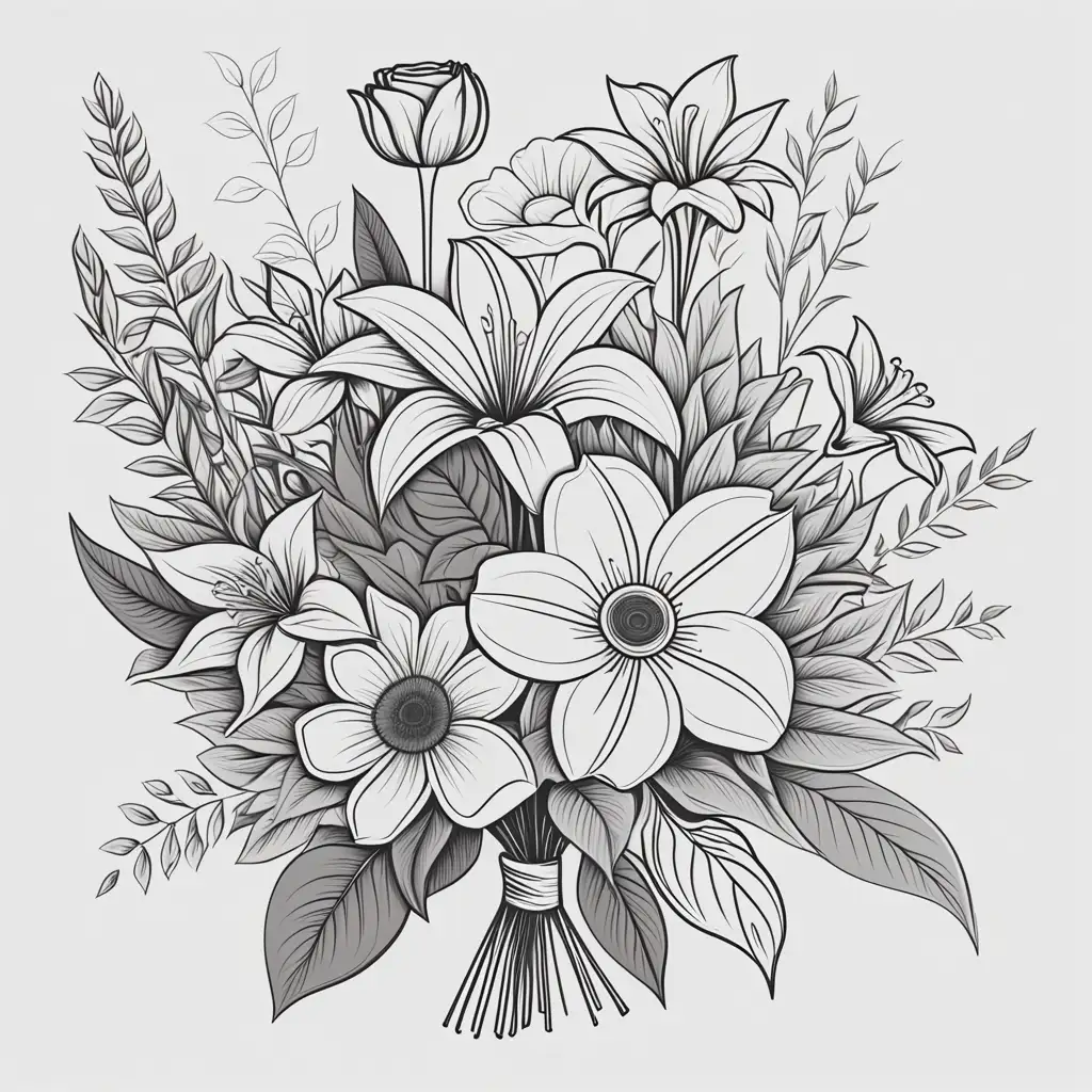 Elegant Floral Bouquet Vector Illustration Delicate Line Drawing with No Colors