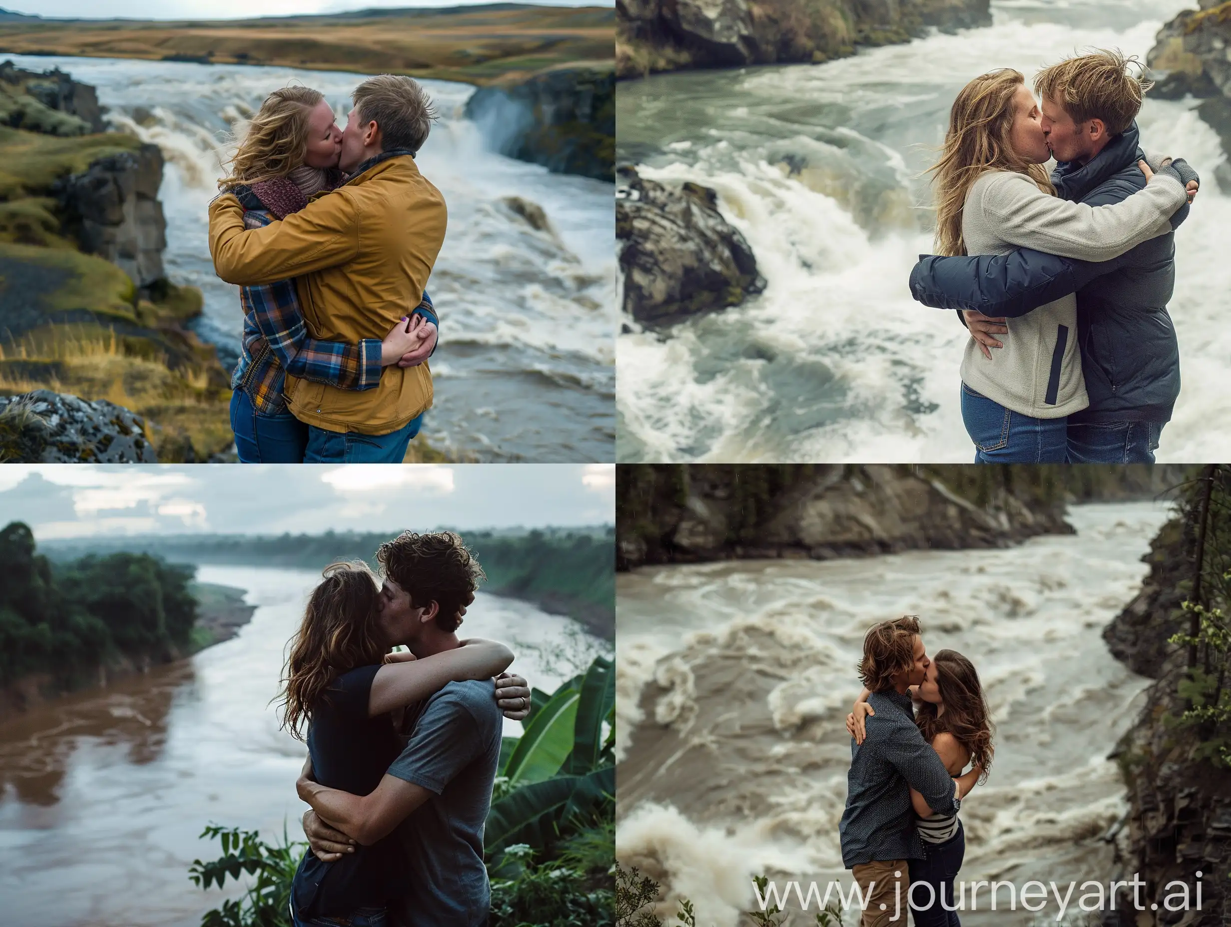 زن و مرد جوانی که در کنار رودخانه ای بزرگ ایستاده اند و یکدیگر را در آغوش گرفته اند و عاشقانه یکدیگر را می بوسند