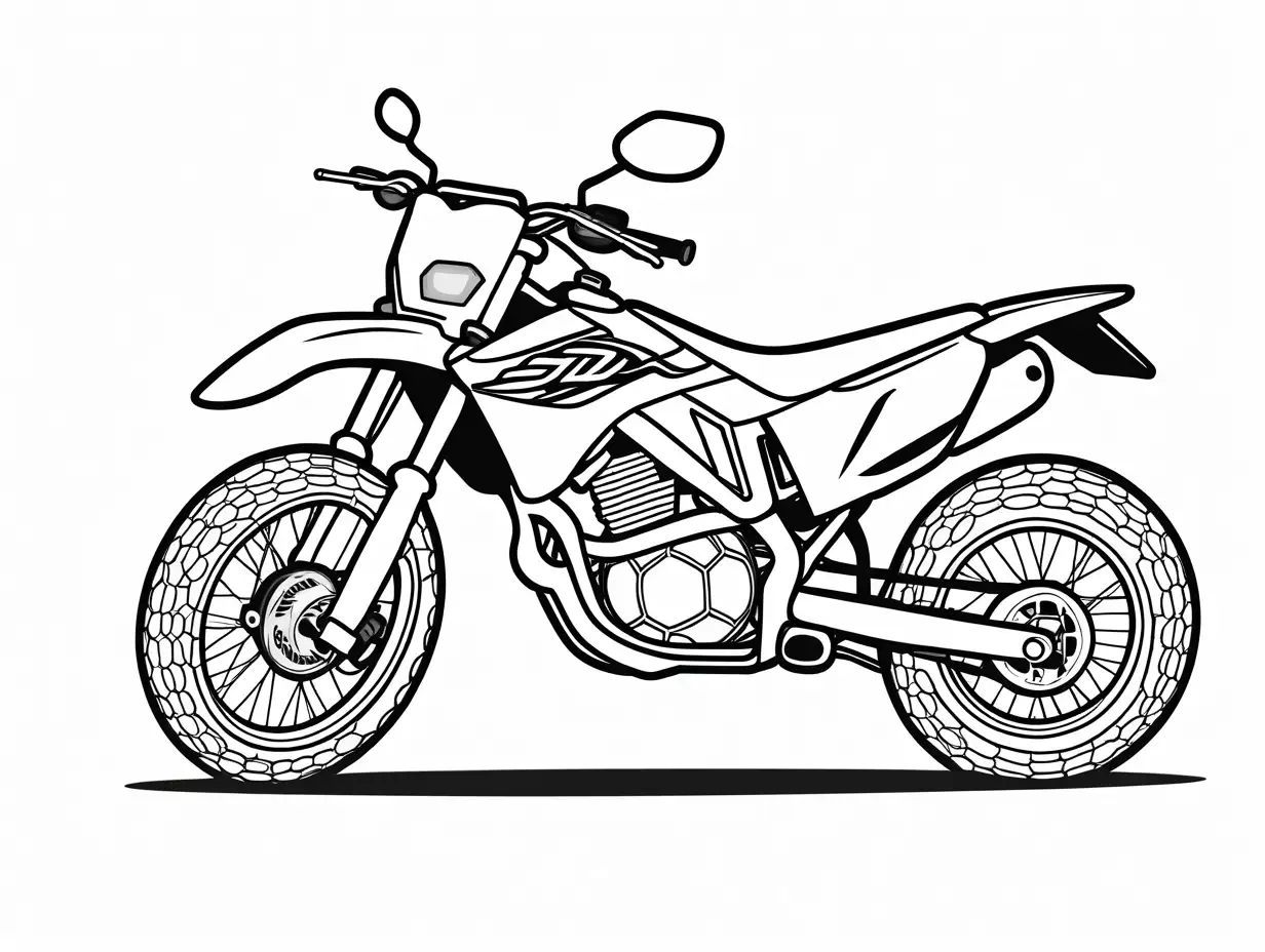 dirt bike, coloring page, soccer ball logo, no shading, thin lines, black and white, no background, Coloring Page, black and white, line art, white background, Simplicity, Ample White Space