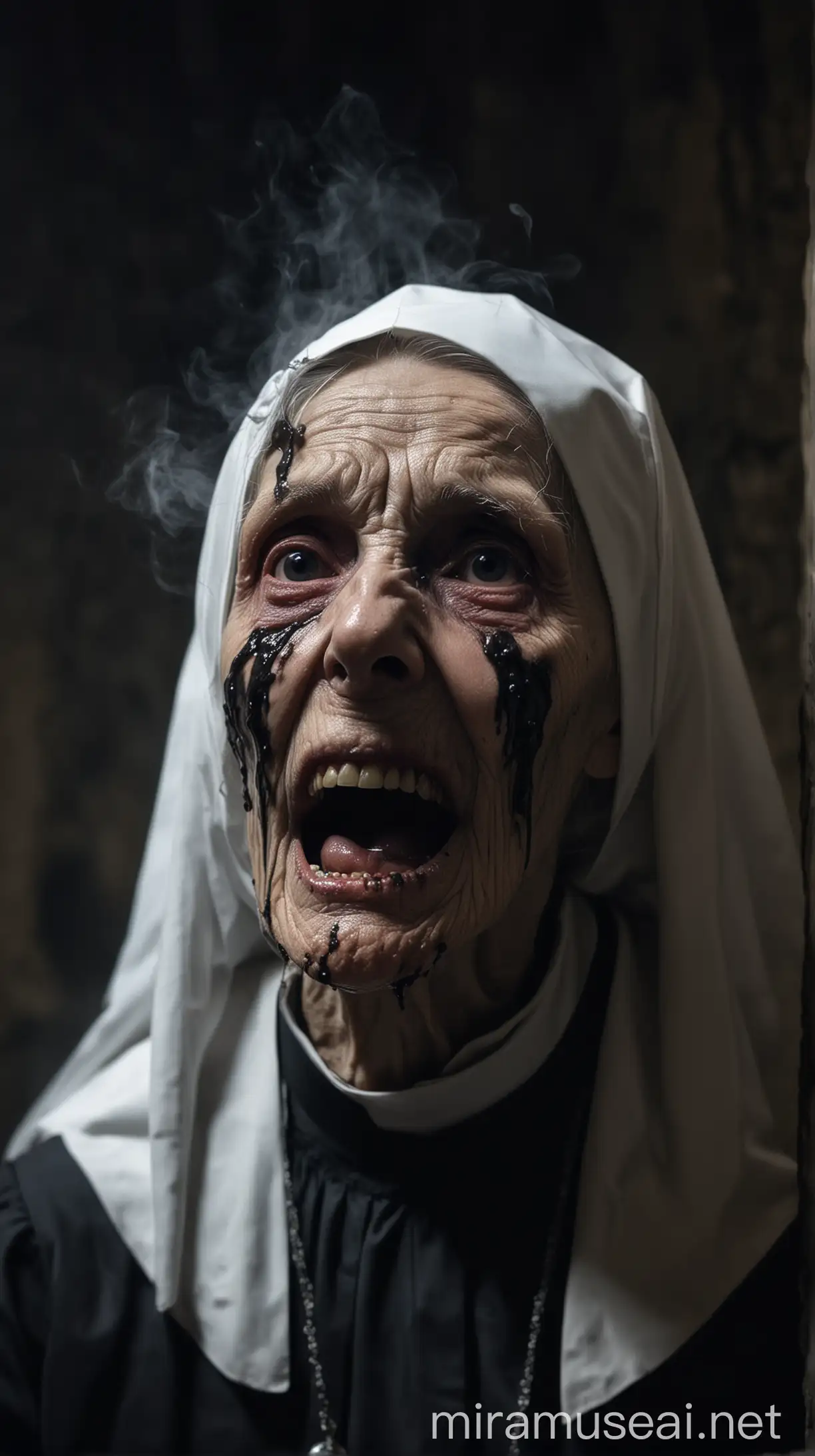 bardzo stara katolicka zakonnica, wygląda na ponad 150 lat, ma twarz jak trup, wystające zęby, z ust cieknie jej czarny płyn, siedzi w mrocznej klasztornej celi, ma nieprzyjemną potworną twarz, mgła, atmosfera horroru