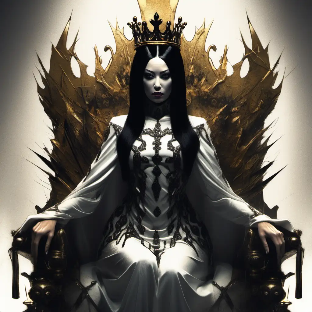 A female monarch with black hair mean face on a throne