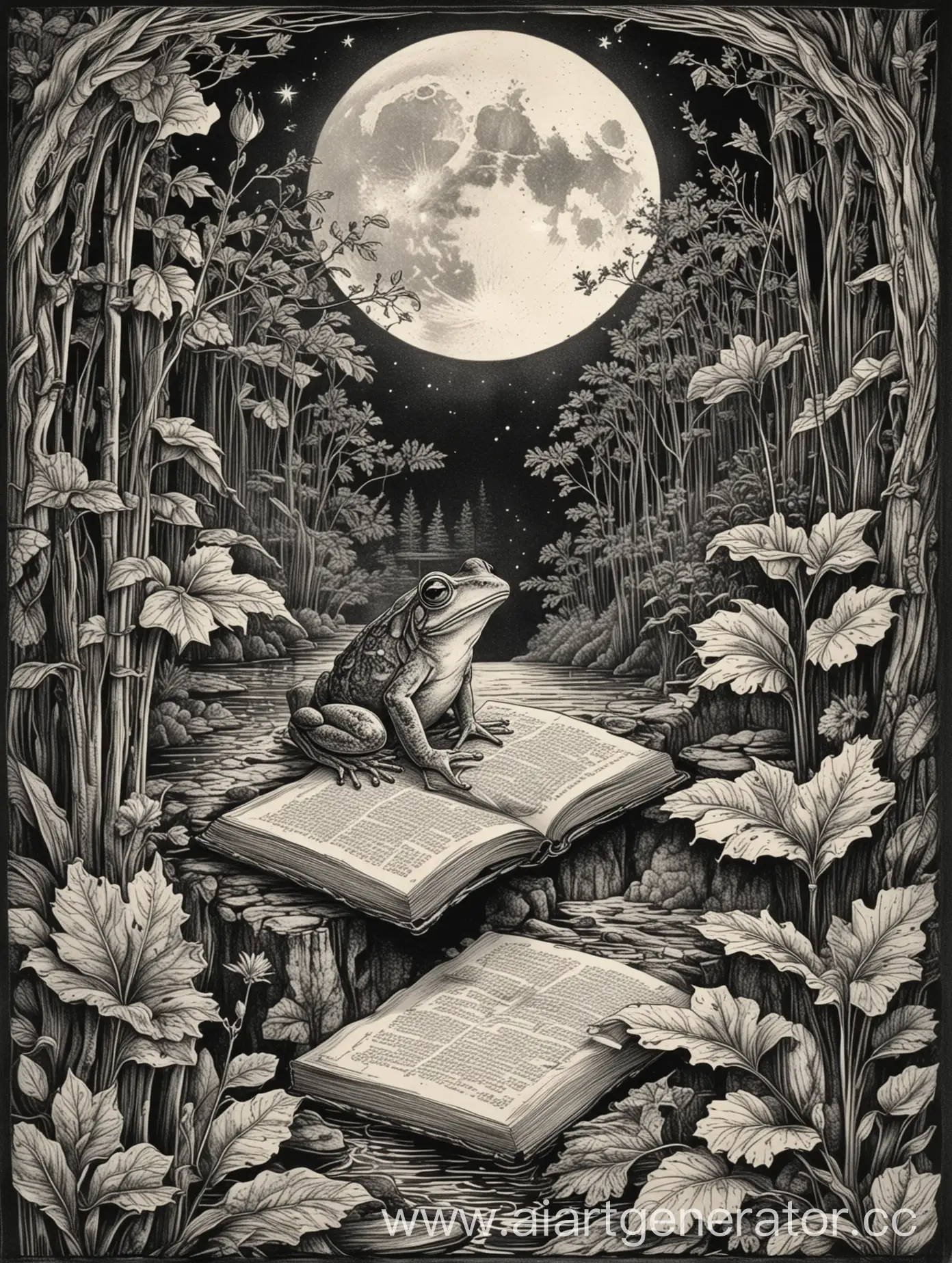 рисунок в линиях, контурный рисунок, черно-белое изображение, мало деталей, рамка с узором из листьев, экслибрис, лягушка сидит в пледе и читает книгу, водопад, луна, лунный вечер, линейная графика, линер, гравюра