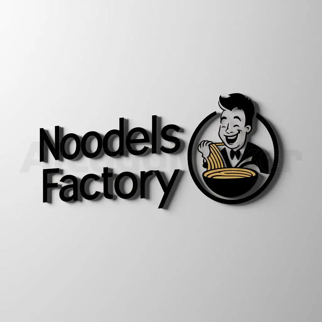 a logo design,with the text "Noodels factory", main symbol:A man cooks his noodles in an attractive way and enjoys the taste. The man's appearance is attractive and funny,Moderate,be used in Others industry,clear background
