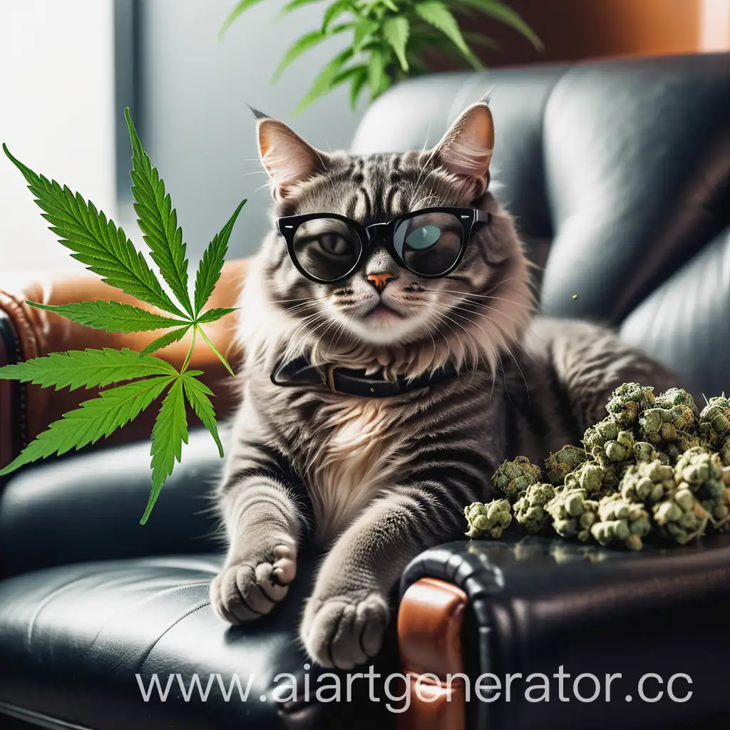 Stylish-Cat-Relaxing-on-Leather-Armchair-with-Marijuana-Joint-and-Buds