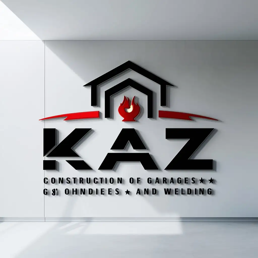 Логотип, 3 буквы: KAZ, Компания занимается строительством ангаров и сваркой, белый фон, цвет логотипа черно-красный, можешь обьединить иконку строения или сварки с любой из букв
