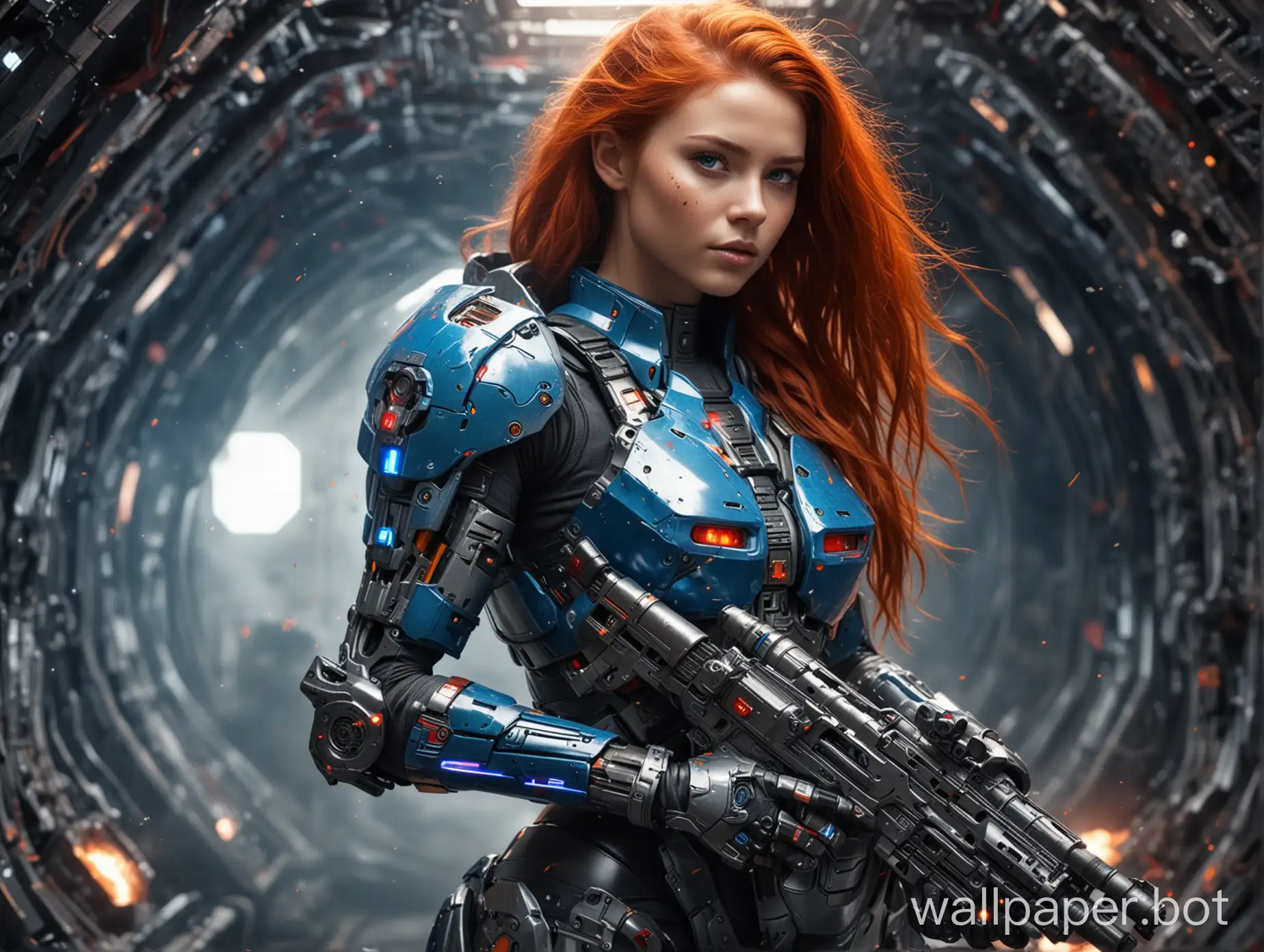 a beautiful cyborg girl with a large chest, with a laser rifle in her hand, in futuristic armor, walks through the compartment of a spaceship, full size, bright blue eyes, fire and explosions in the background, long red hair