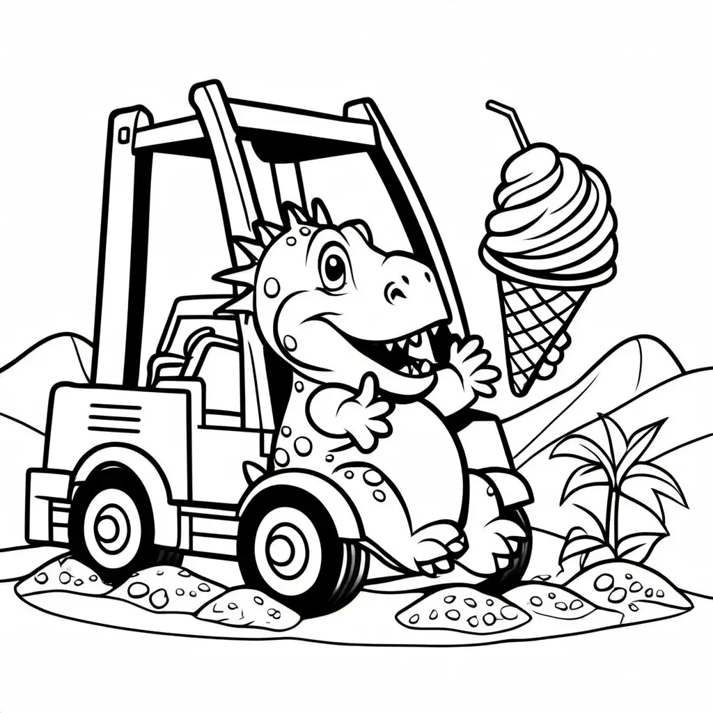 Baby dinosaur eating ice cream while driving a excavator, Coloring Page, black and white, line art, white background, Simplicity, Ample White Space. The background of the coloring page is plain white to make it easy for young children to color within the lines. The outlines of all the subjects are easy to distinguish, making it simple for kids to color without too much difficulty