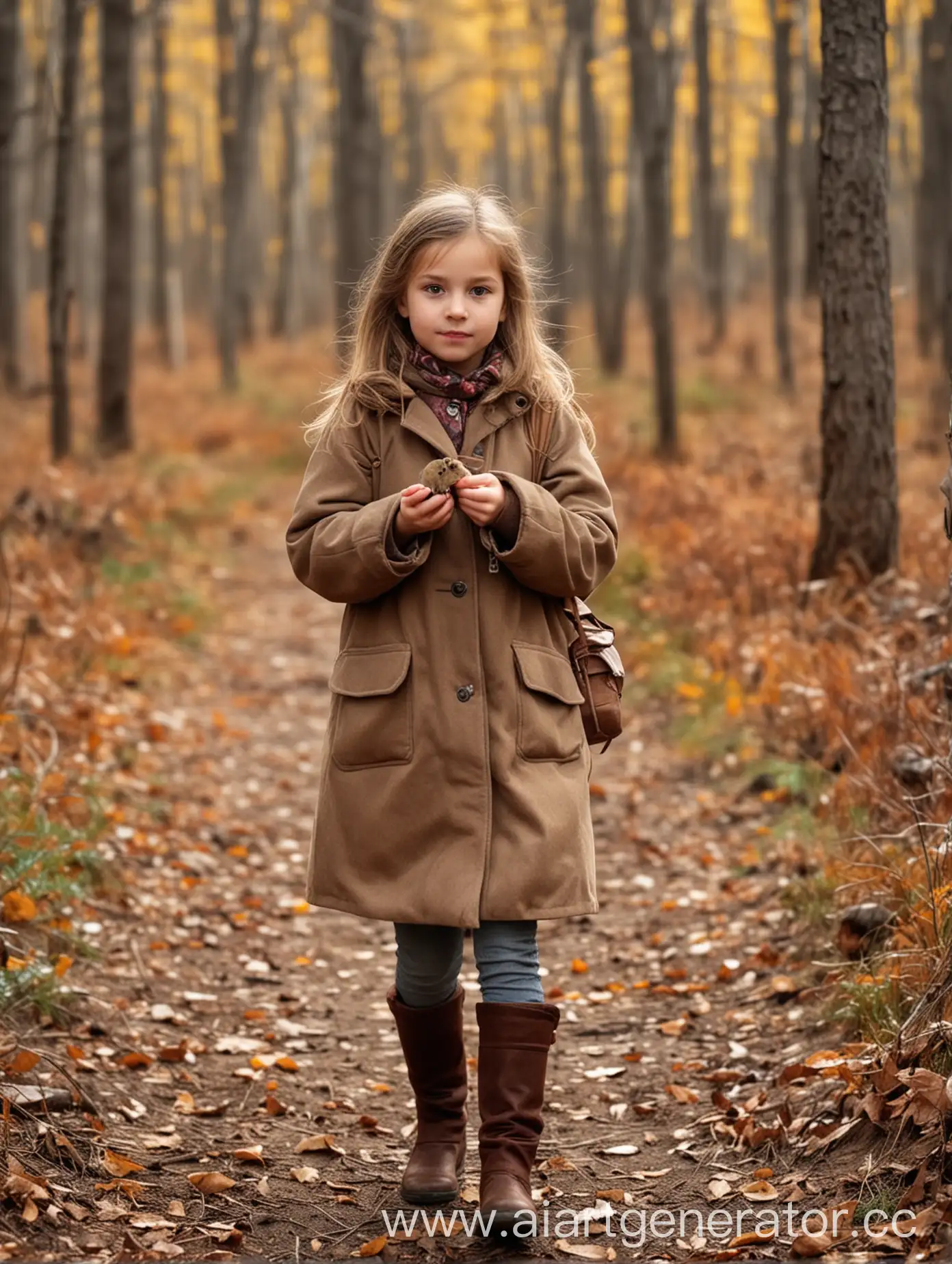 Маленькая девочка 8 лет гуляет по лесу, поздняя осень, она держит коричневого мишку в руке